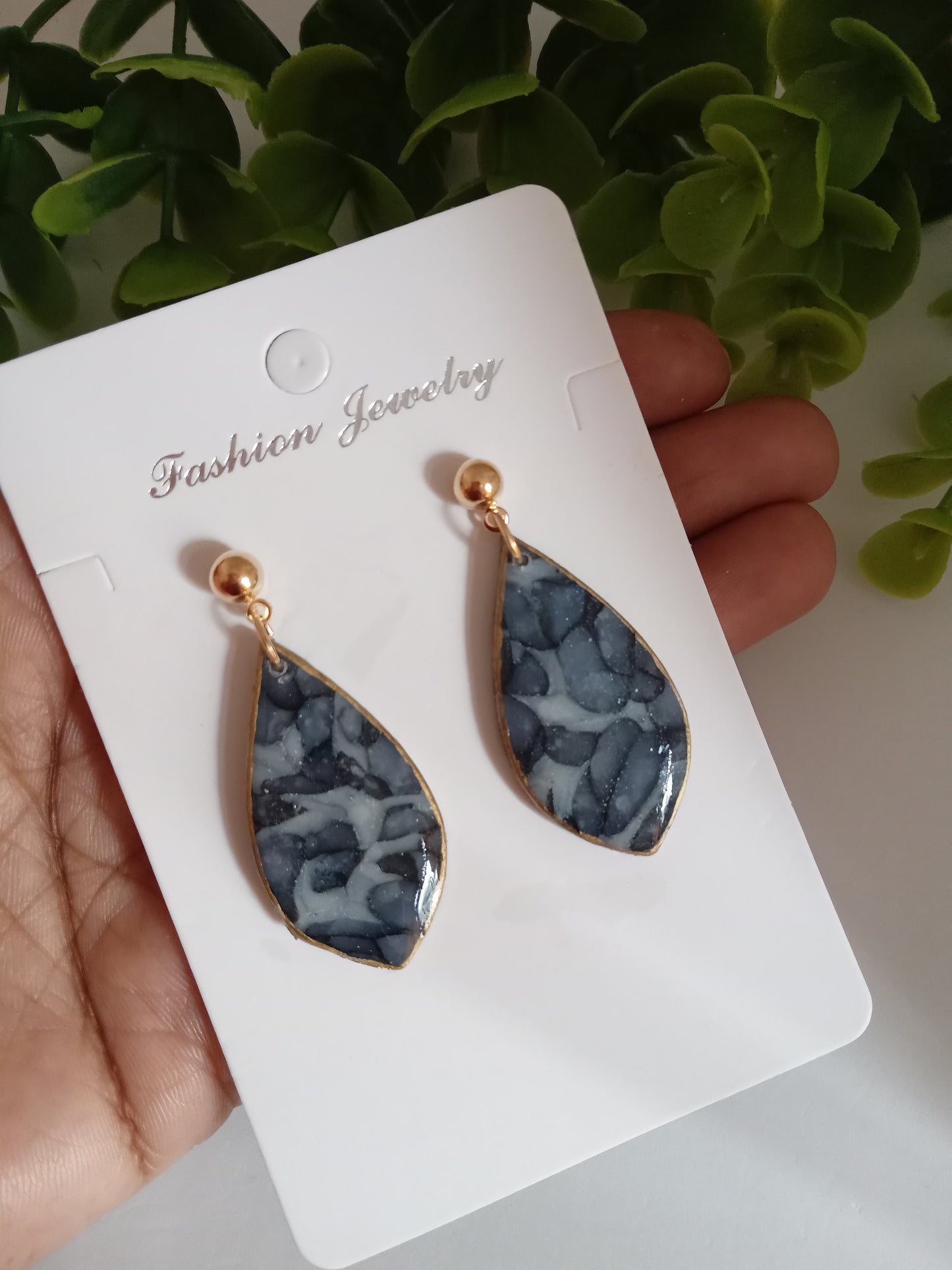 Handmade Blue Marble Resin Drop Earrings - Lightweight &Elegant