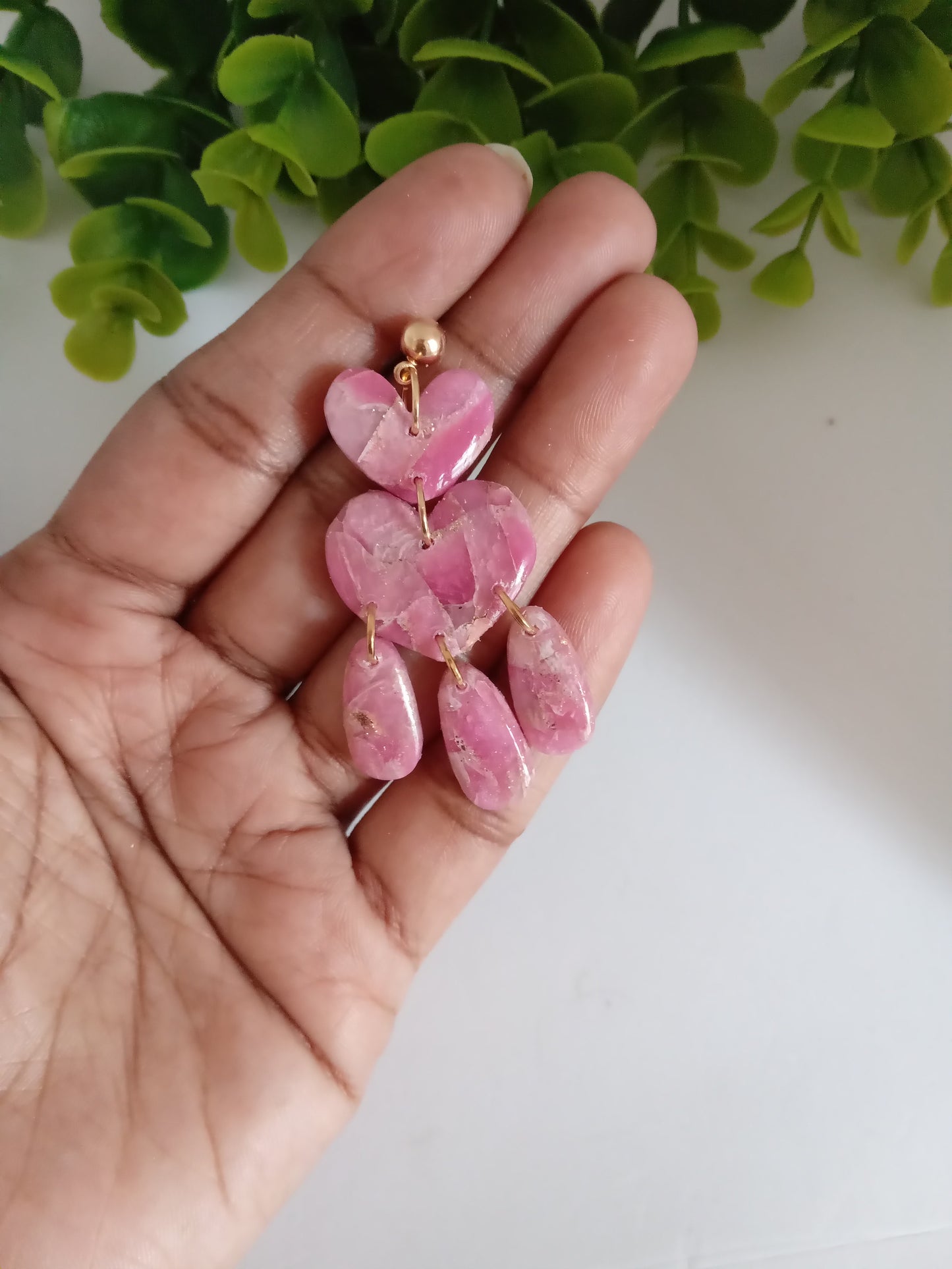 Pink Marble Heart Dangle Earrings  - Lightweight Clay Statement Jewelry