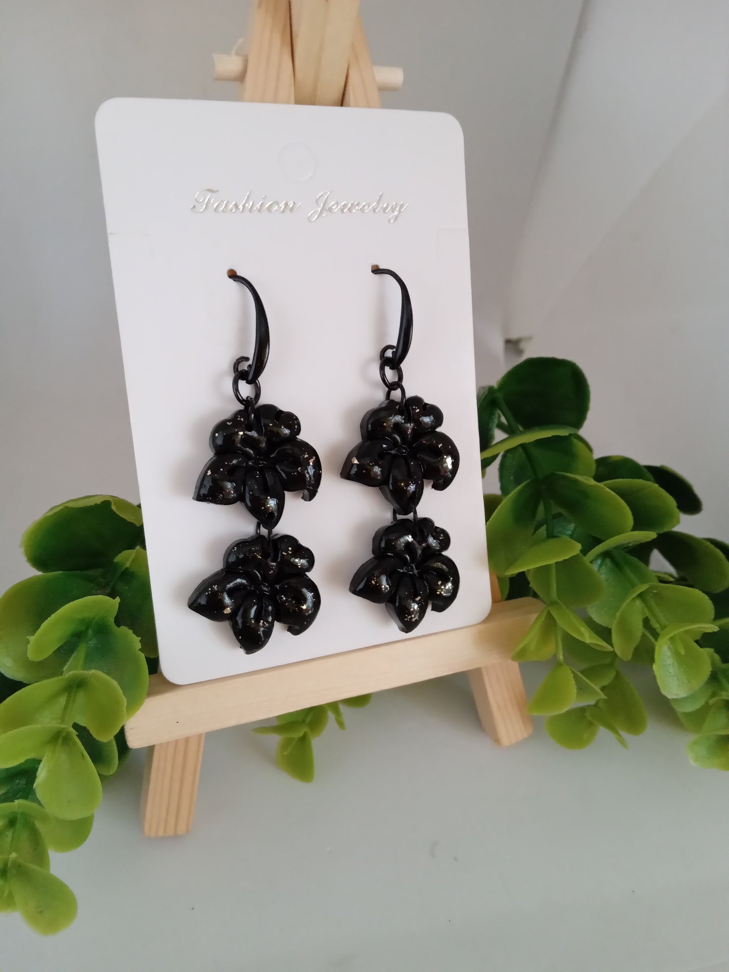Black Handmade Floral Dangle Earrings – Unique Polymer Clay Flower Earrings Black Friday sale