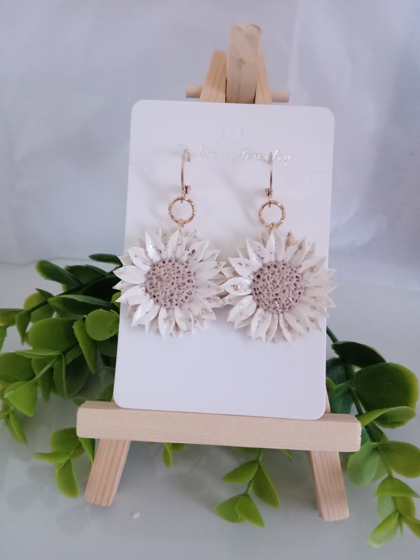 Handmade Sunflower Polymer Clay Earrings – White & Gold Foil Floral Dangle Earrings, Lightweight Statement Jewelry for Women