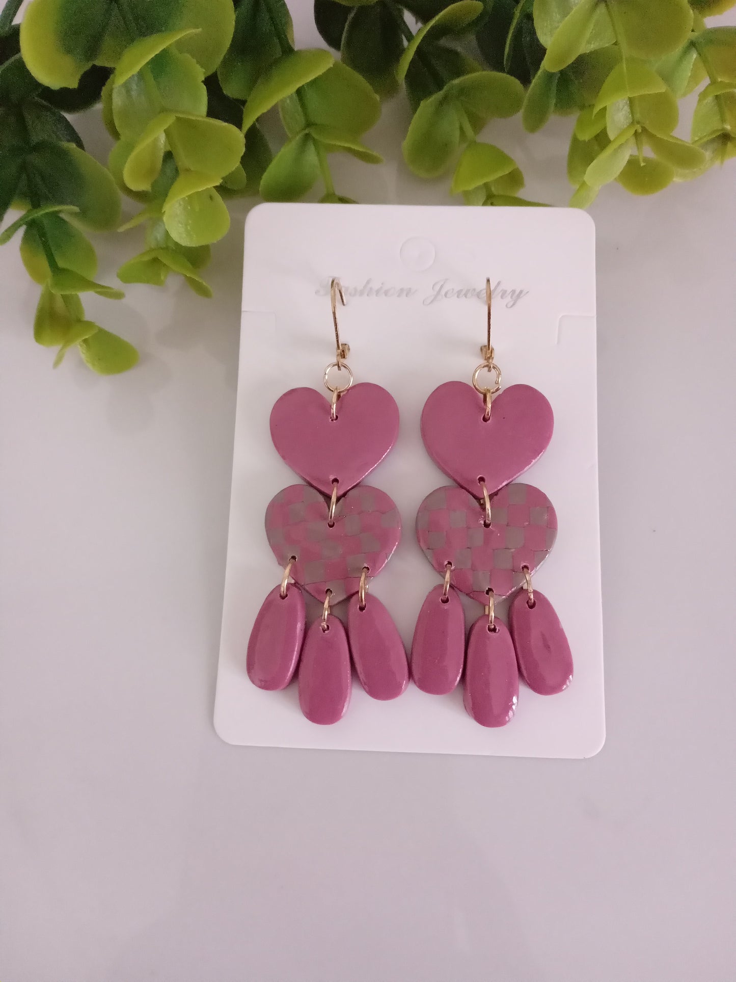 Velantines Polymer Clay Earrings Handmade -Pink Heart Statement Dangles For Her