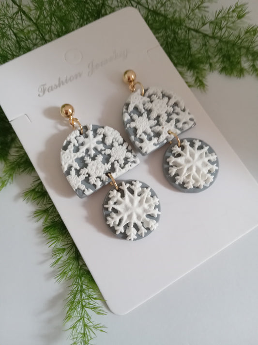Snowflake Earrings - Winter Polymer Clay Drop Earrings/Handmade Holiday Jewelry