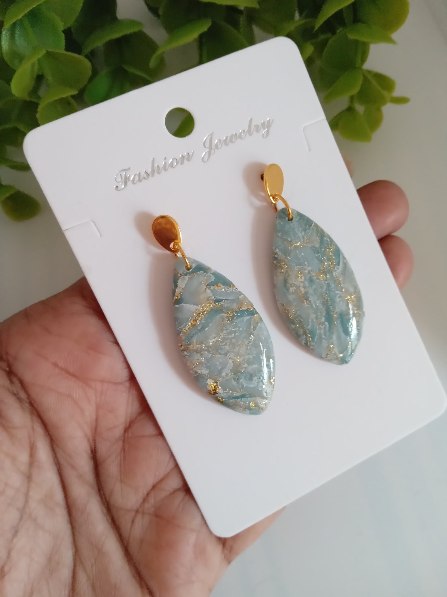 Elegant Blue Marble Drop Earrings with Gold Accents | Lightweight Gift Jewelry