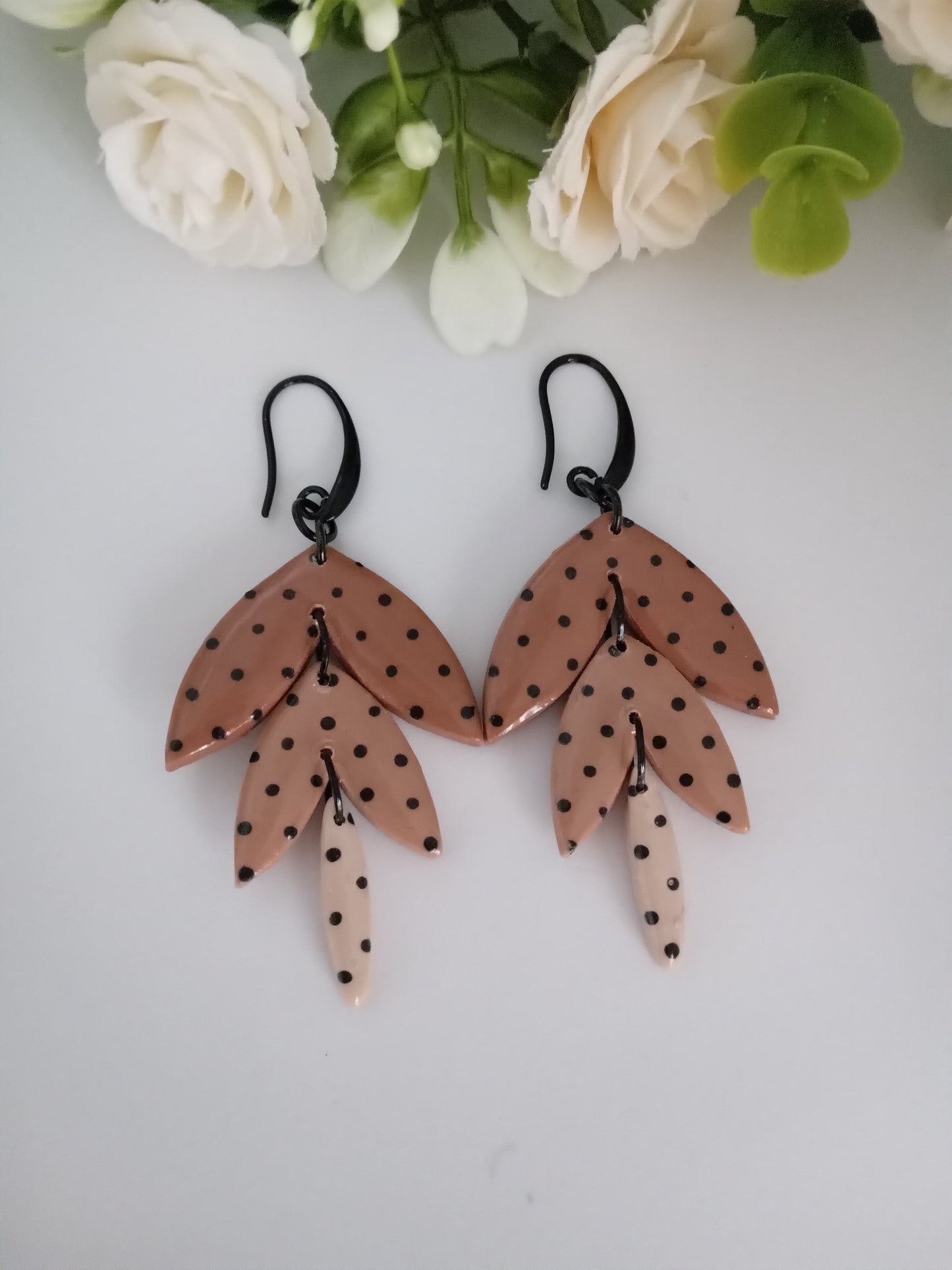 Polka Dot Leaf Dangle Earrings - Handmade Polymer Clay Jewelry