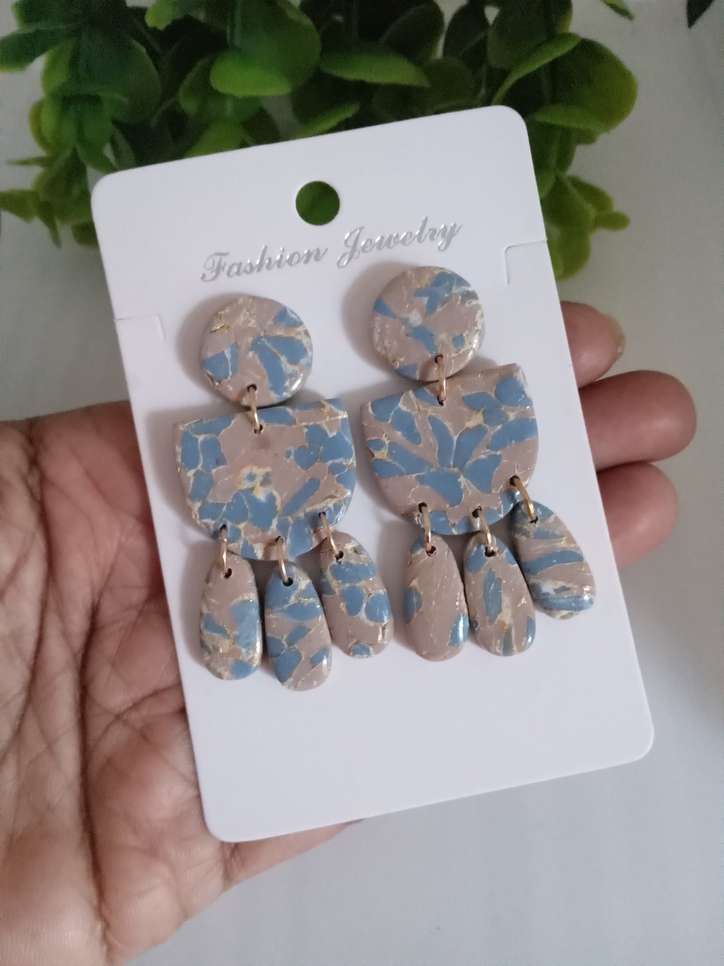 Handmade Terrazzo Polymer Clay Earrings – Blue & Beige Statement Dangles | Lightweight Boho Earrings for Women | Unique Artisan Jewelry Gift