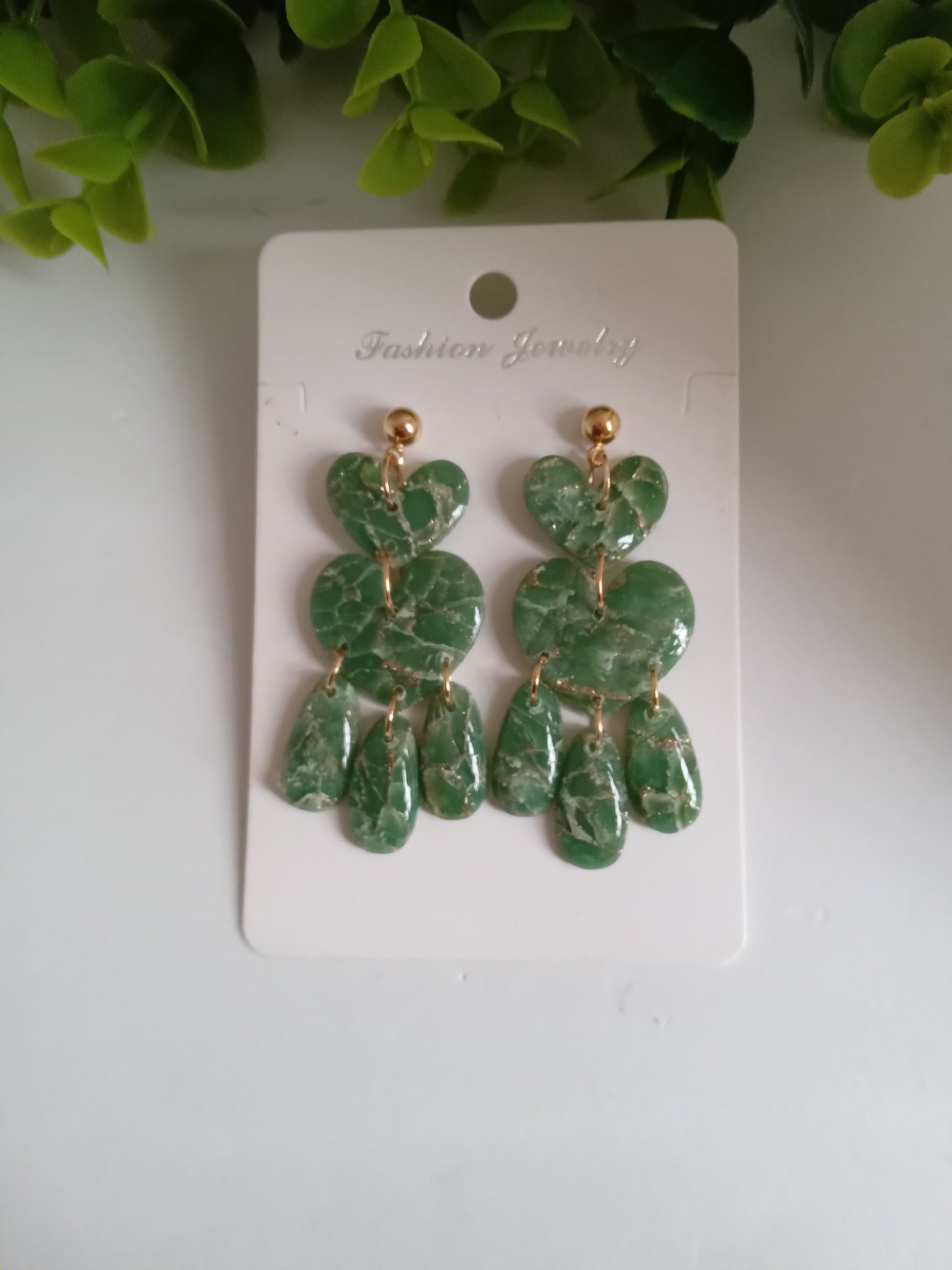 Green Marble Statement Dangle Earrings – Handmade Lightweight Drop Earrings for Women, Elegant Boho Jewelry Gift
