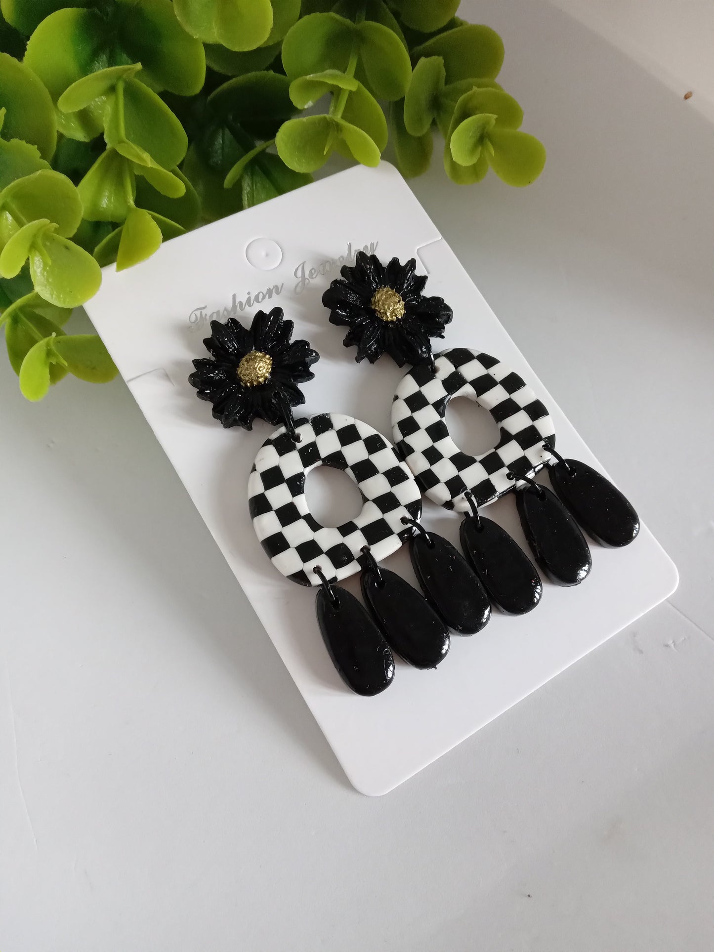 Handmade Polymer Clay Checkerboard Dangle Earrings  - Trendy Boho Jewelry