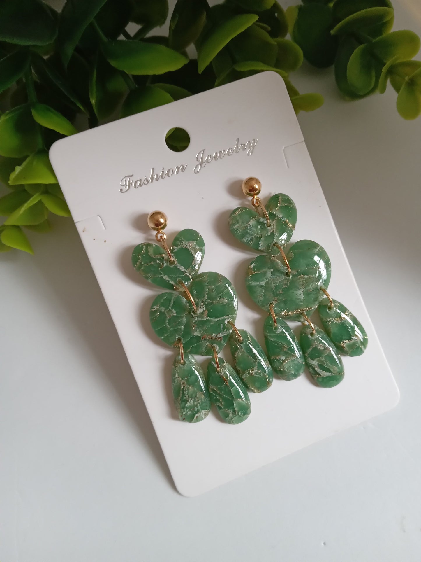 Green Marble Statement Dangle Earrings – Handmade Lightweight Drop Earrings for Women, Elegant Boho Jewelry Gift