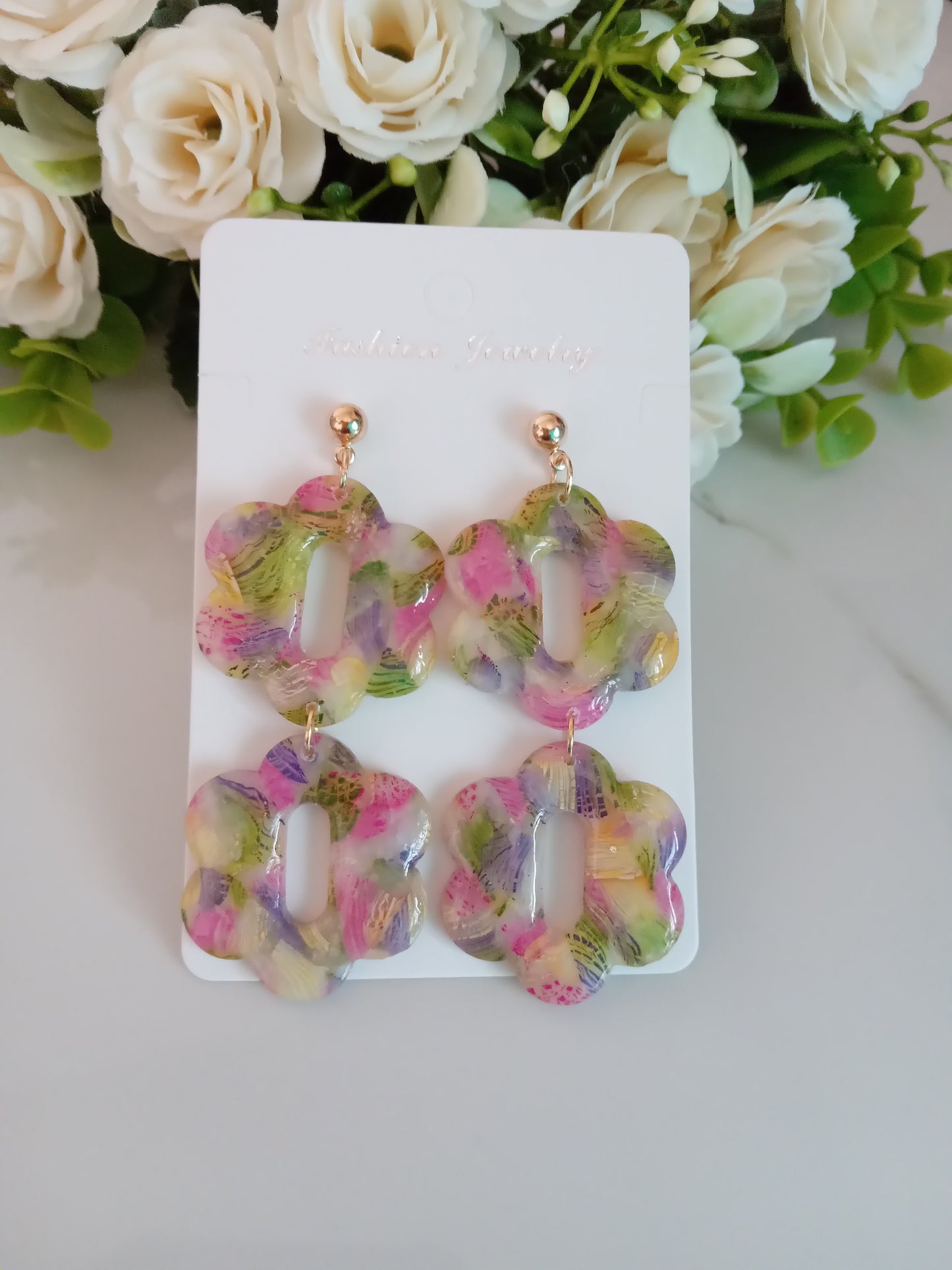 Handmade Clay Earrings- Agate Floral and Modern Geometric Style