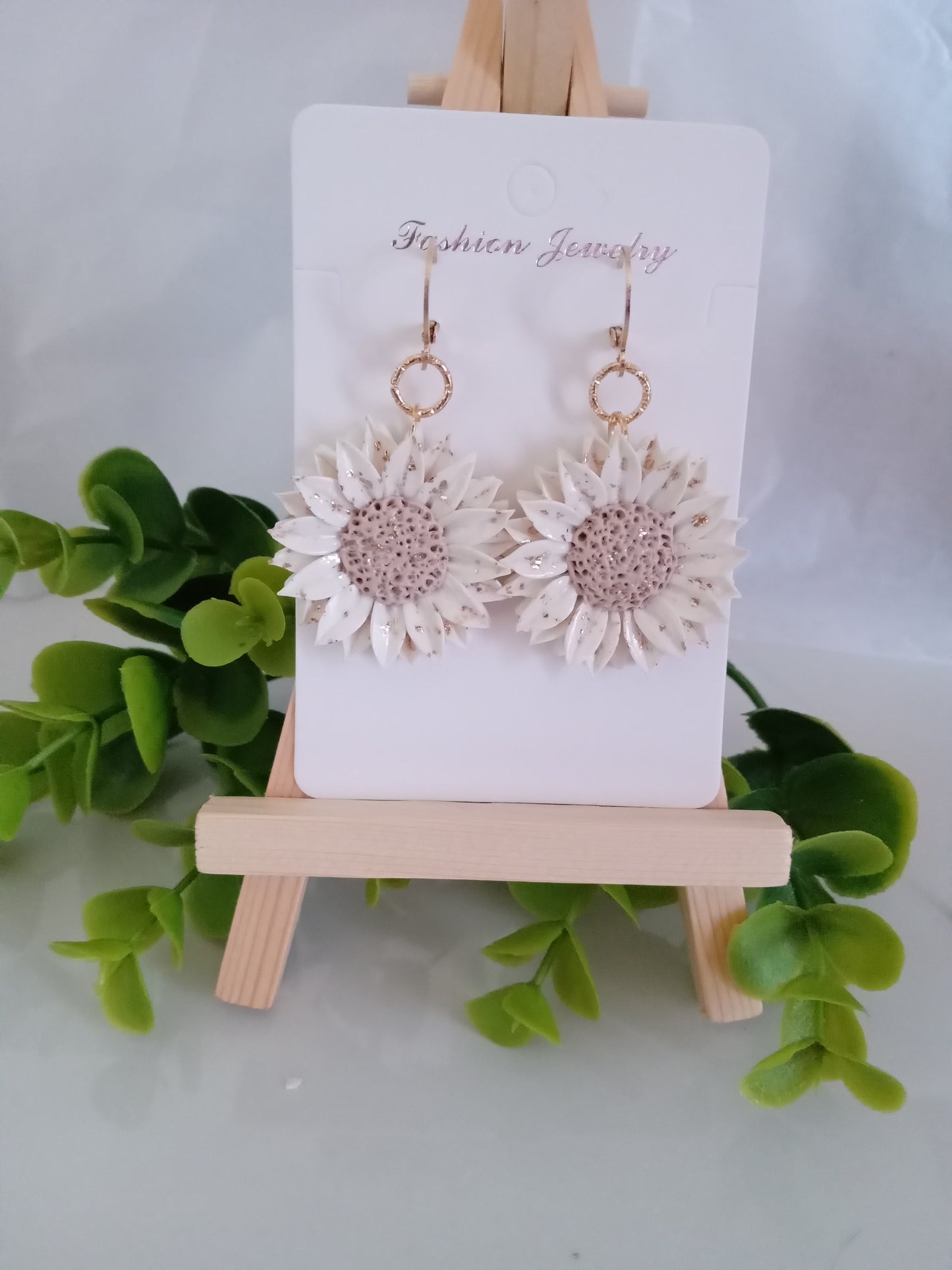Handmade Sunflower Polymer Clay Earrings – White & Gold Foil Floral Dangle Earrings, Lightweight Statement Jewelry for Women