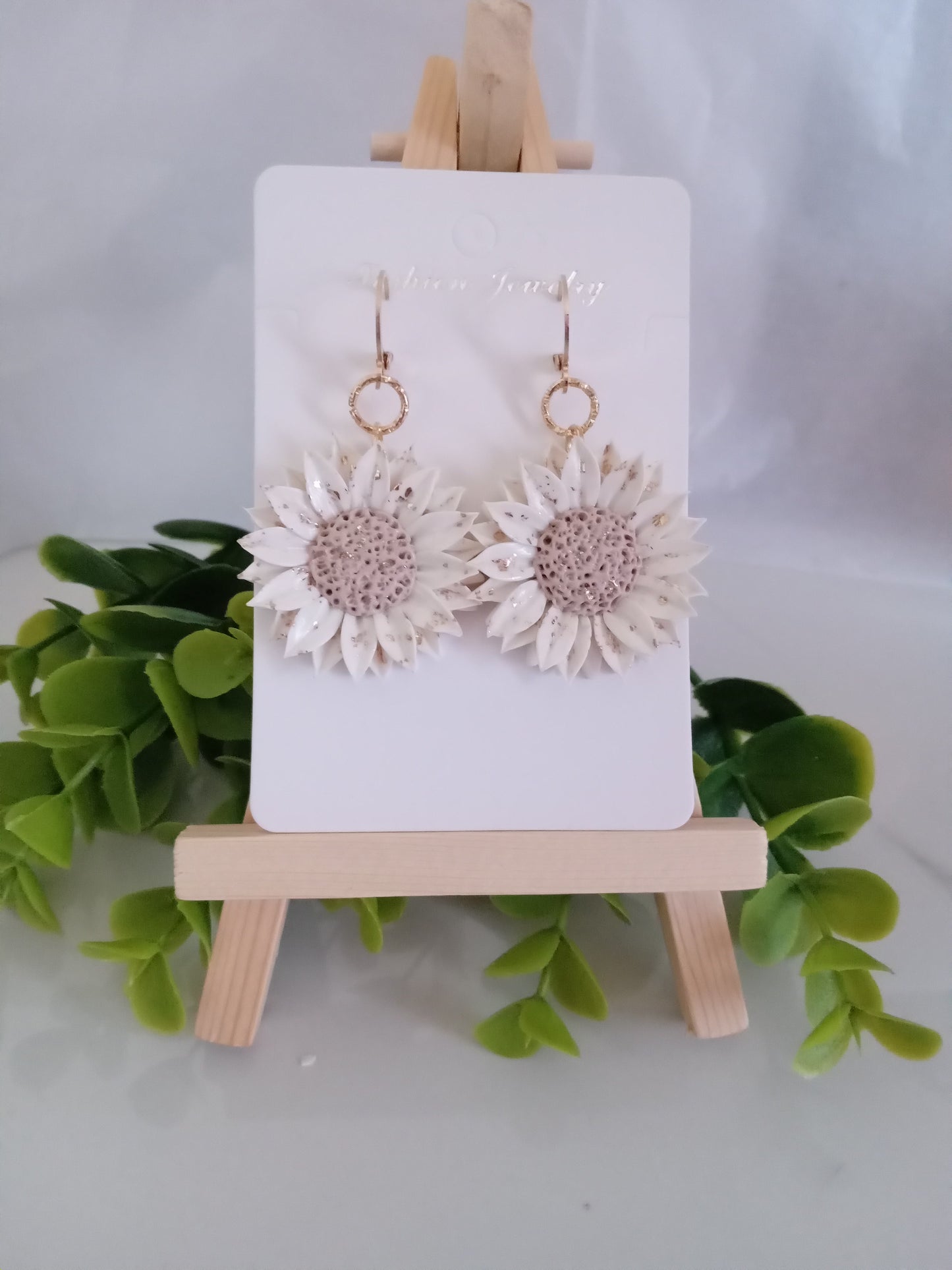 Handmade Sunflower Polymer Clay Earrings – White & Gold Foil Floral Dangle Earrings, Lightweight Statement Jewelry for Women