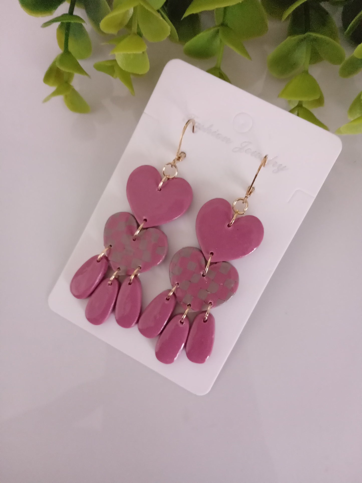 Velantines Polymer Clay Earrings Handmade -Pink Heart Statement Dangles For Her