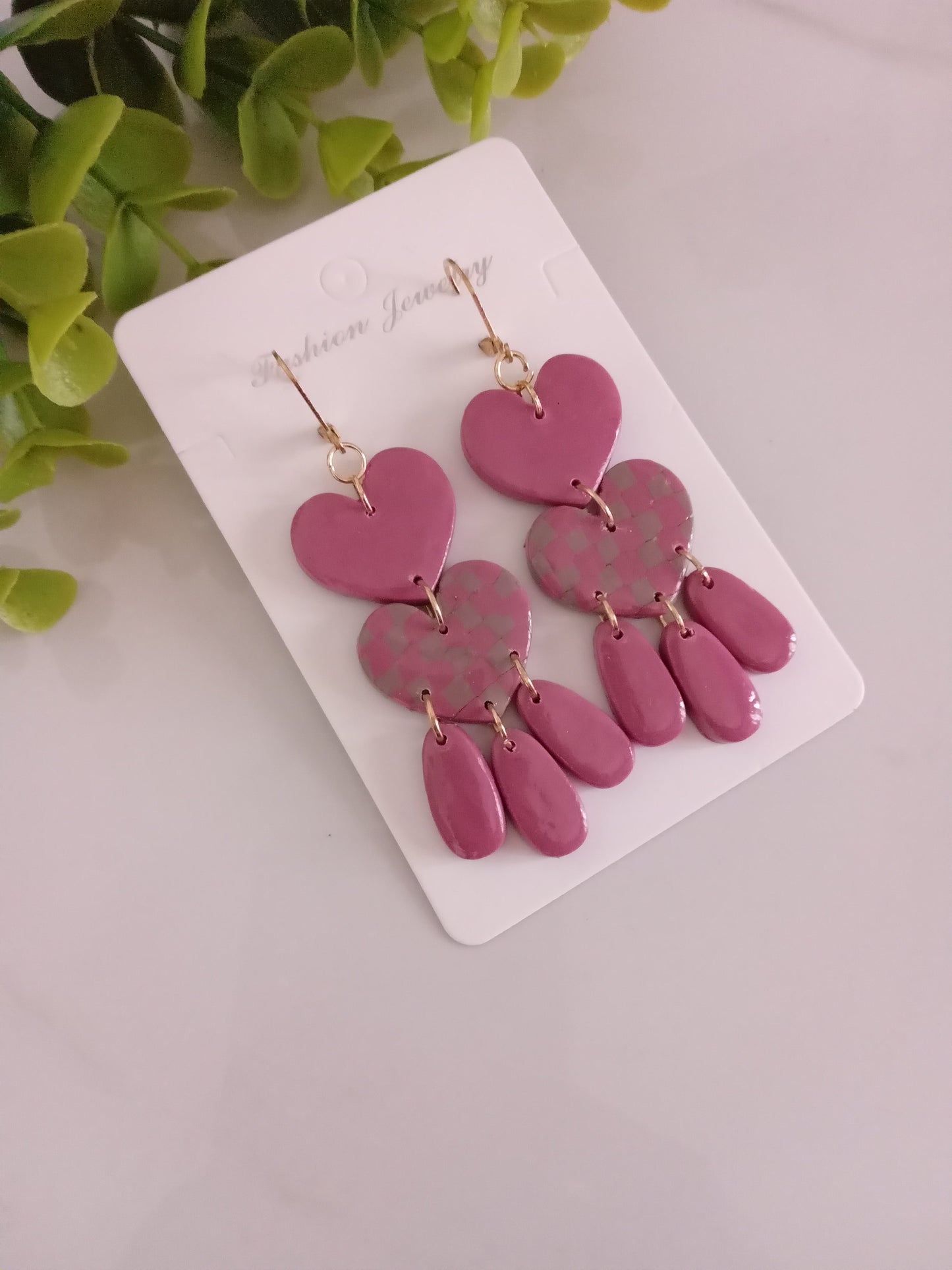 Velantines Polymer Clay Earrings Handmade -Pink Heart Statement Dangles For Her