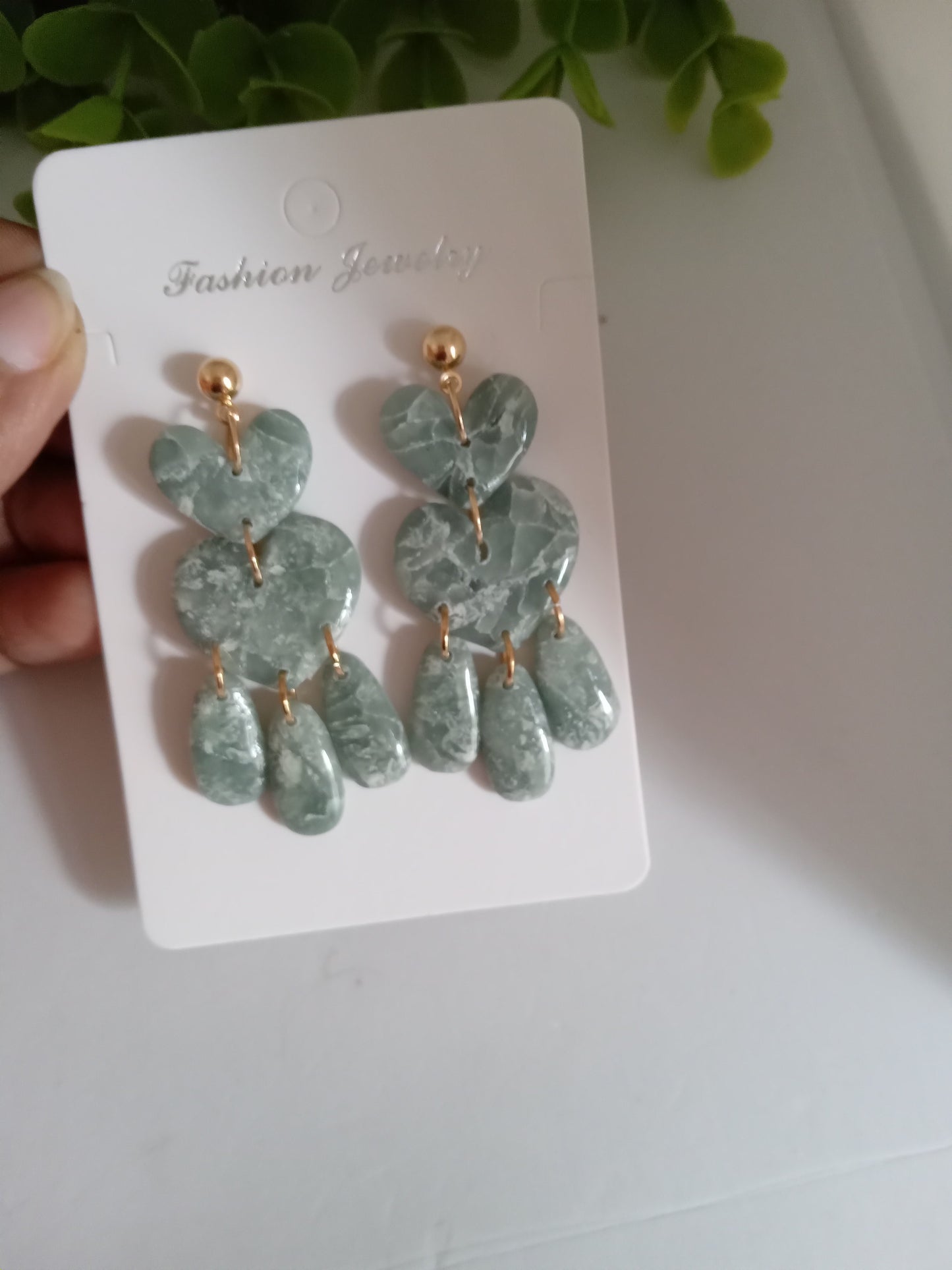 Green Marble Heart Dangle Earrings - Lightweight Clay Statement Jewelry