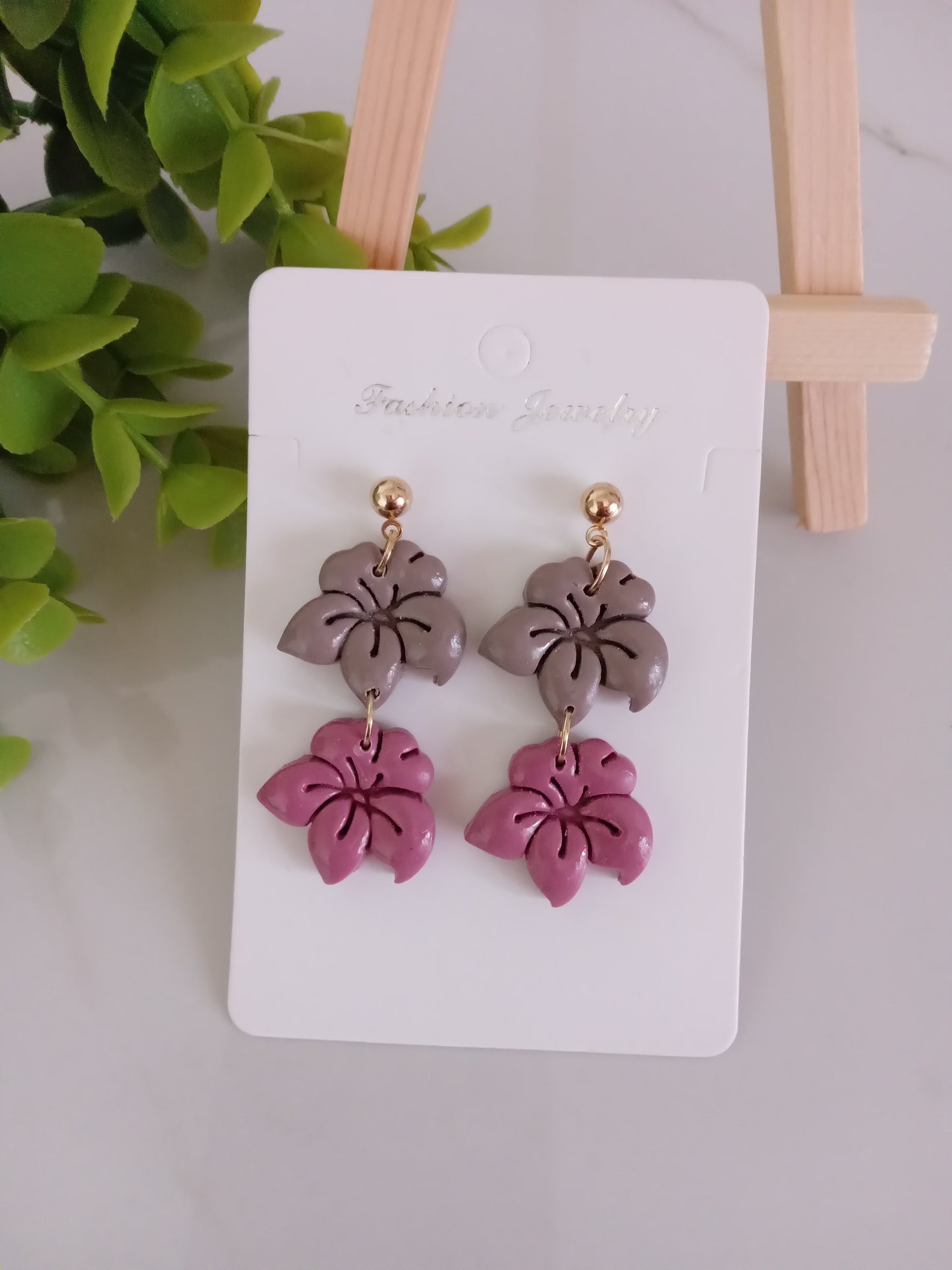 Handmade Floral Dangle Earrings – Unique Polymer Clay Flower Earrings, Brown & Purple, Lightweight Statement Jewelry