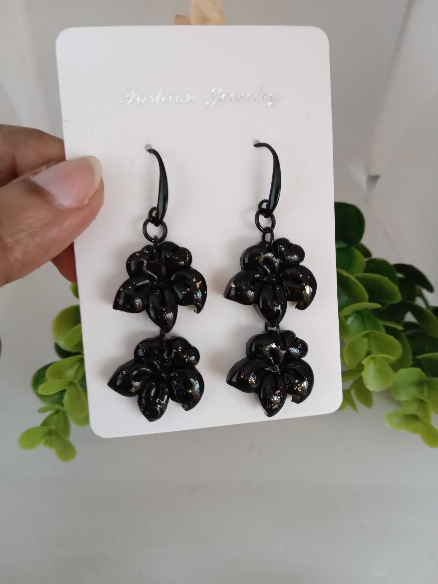 Black Handmade Floral Dangle Earrings – Unique Polymer Clay Flower Earrings Black Friday sale