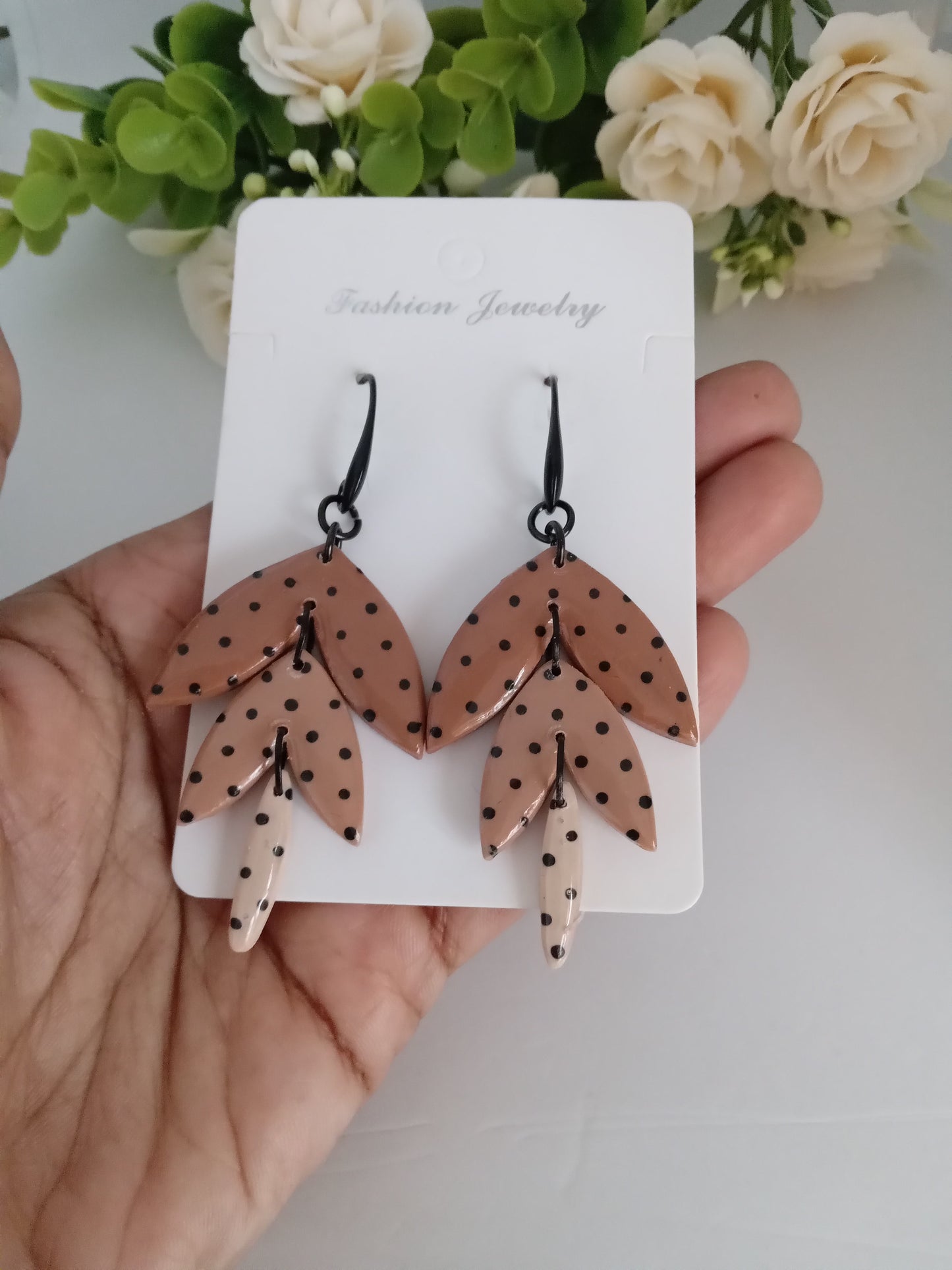 Polka Dot Leaf Dangle Earrings - Handmade Polymer Clay Jewelry