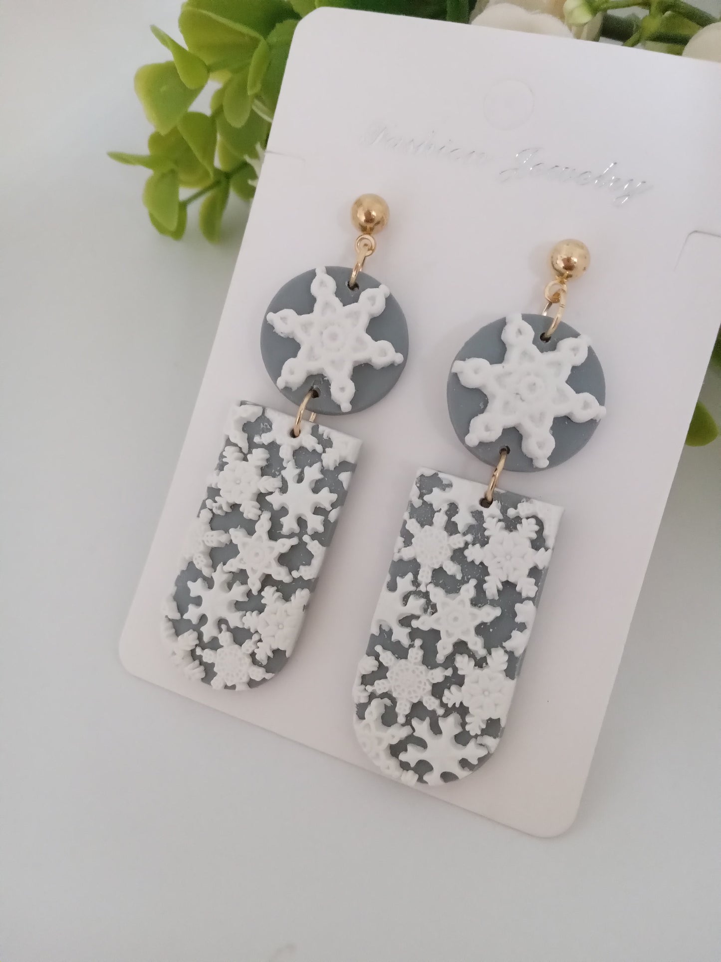Snowflake Earrings- Winter Polymer Clay Drop Earrings/Handmade Holiday Jewelry