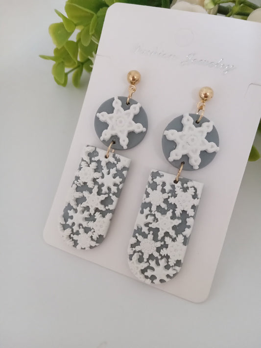 Snowflake Earrings- Winter Polymer Clay Drop Earrings/Handmade Holiday Jewelry