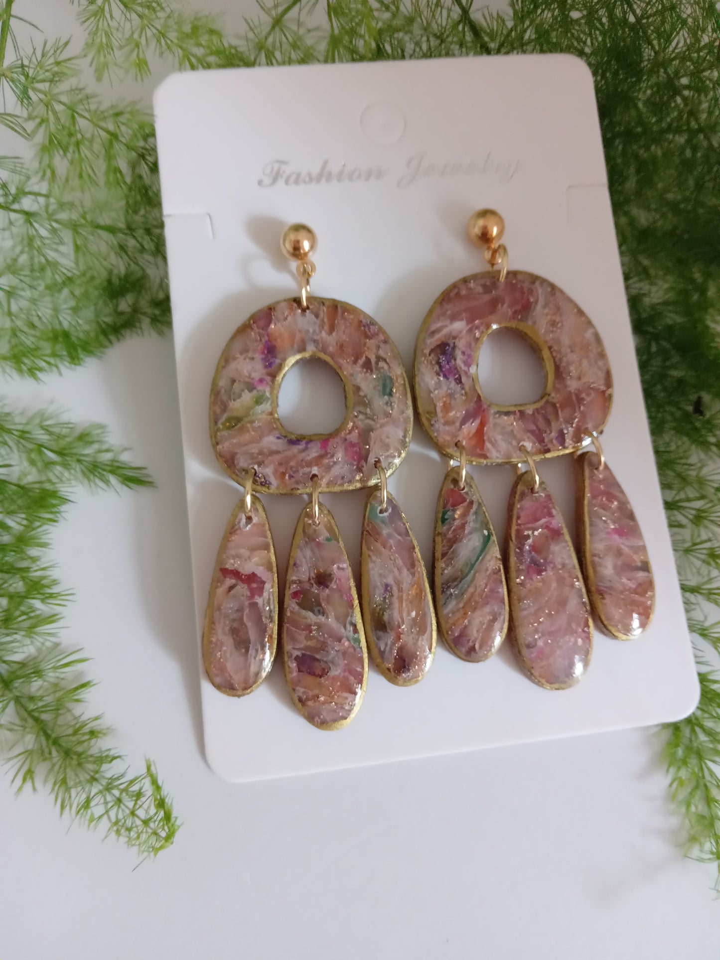 Polymer Clay Statement Earrings - Handmade Boho Drop Jewelry with Gold Accents