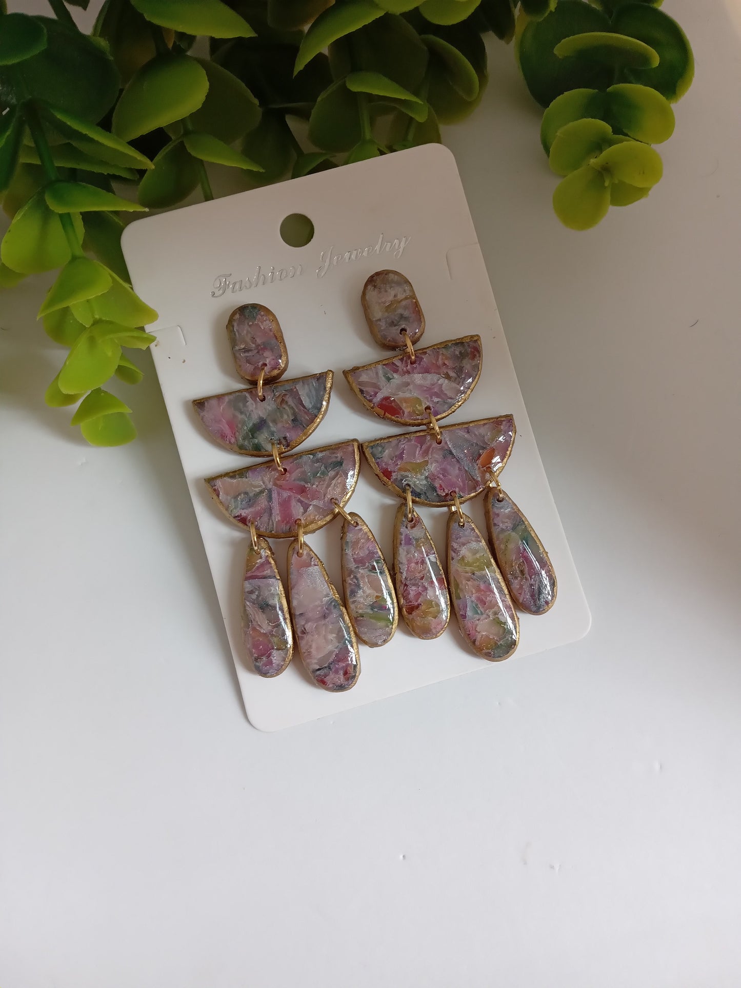 Handmade Statement Dangle Earrings – Colorful Marble Floral Resin, Lightweight Drop Earrings with Gold Trim