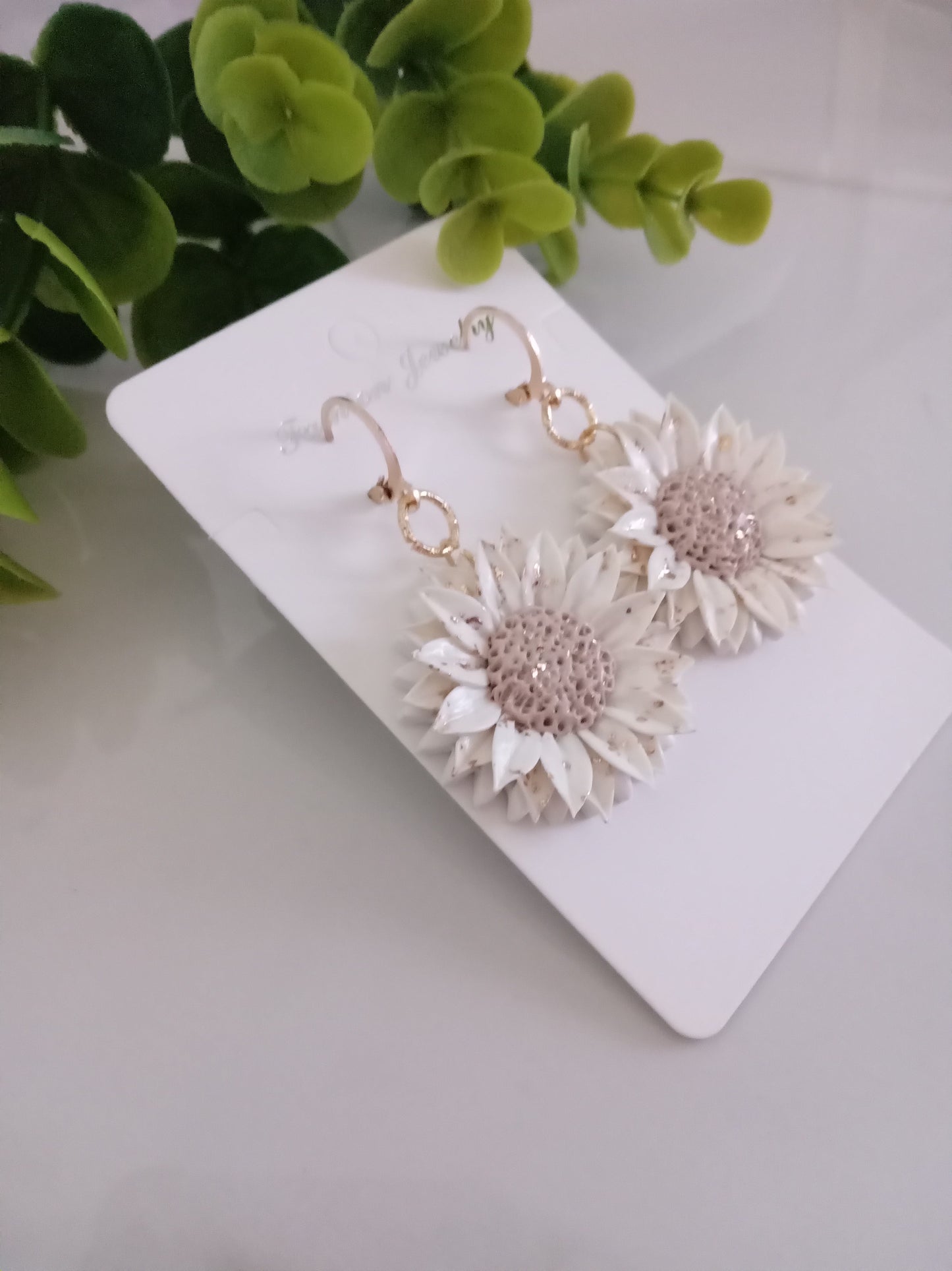Handmade Sunflower Polymer Clay Earrings – White & Gold Foil Floral Dangle Earrings, Lightweight Statement Jewelry for Women