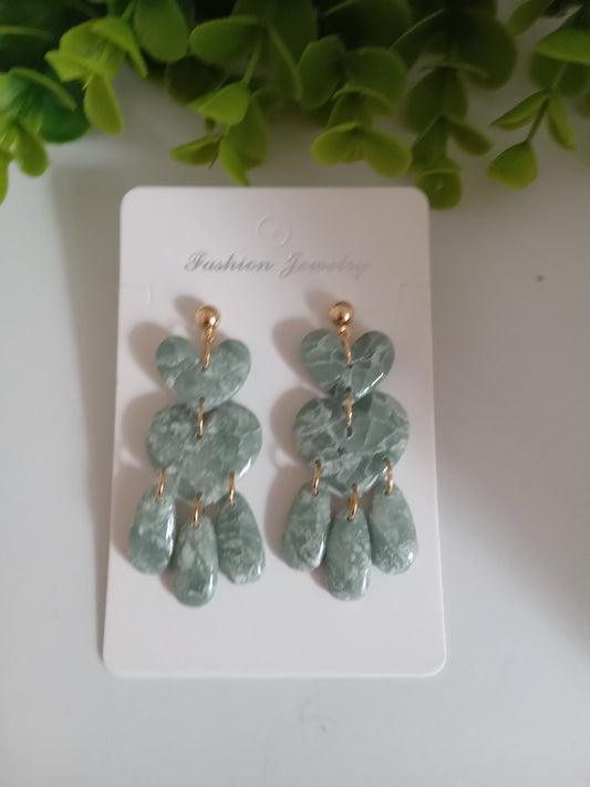 Green Marble Heart Dangle Earrings - Lightweight Clay Statement Jewelry