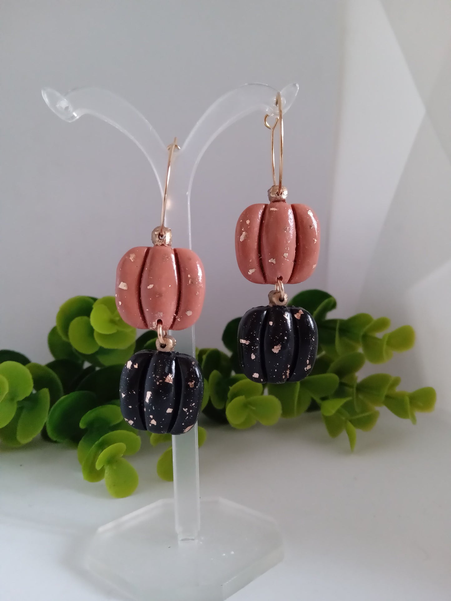 Handmade Pumpkin Earrings – Halloween Polymer Clay Dangle Earrings with Gold Foil | Black & Brown Fall Jewelry
