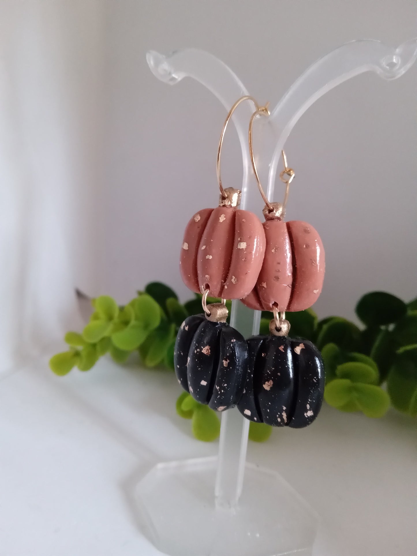 Handmade Pumpkin Earrings – Halloween Polymer Clay Dangle Earrings with Gold Foil | Black & Brown Fall Jewelry