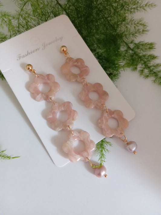 Handmade Pink Flower Earrings with Fresh Water Pearl - Lightweight Floral Dangle Jewelry for Women
