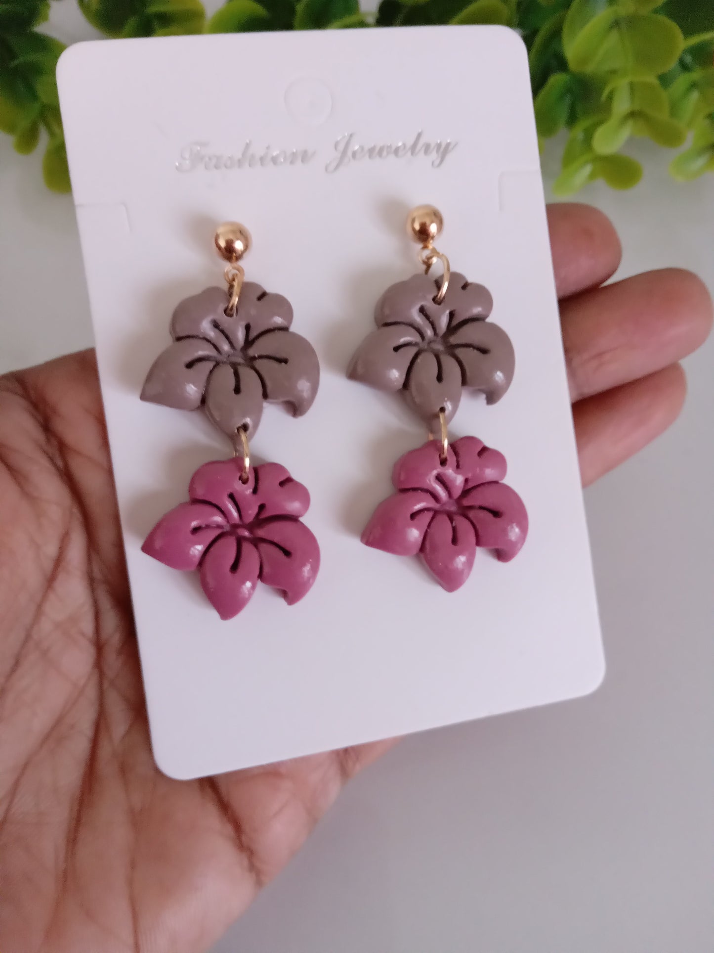 Handmade Floral Dangle Earrings – Unique Polymer Clay Flower Earrings, Brown & Purple, Lightweight Statement Jewelry