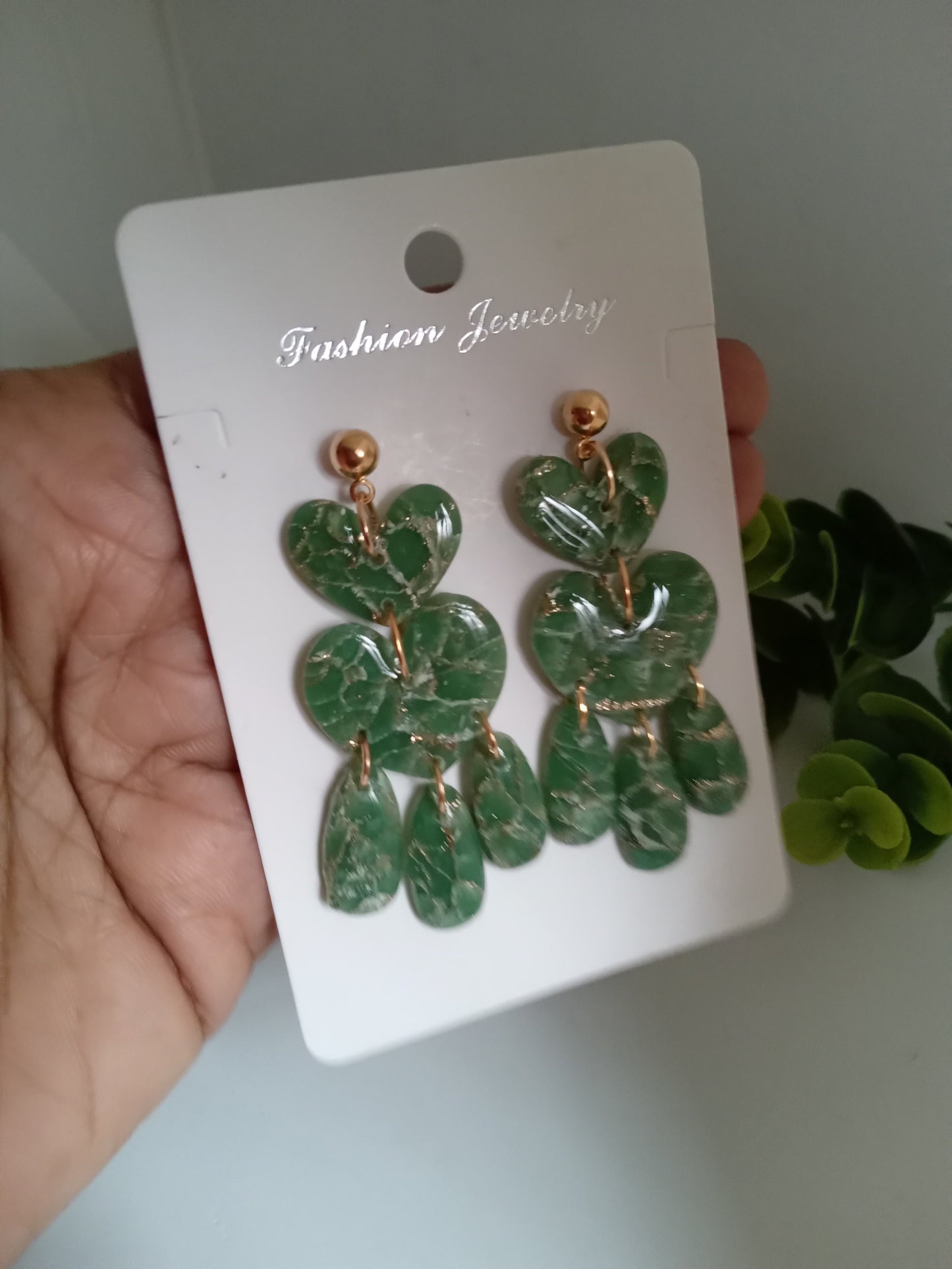 Green Marble Statement Dangle Earrings – Handmade Lightweight Drop Earrings for Women, Elegant Boho Jewelry Gift