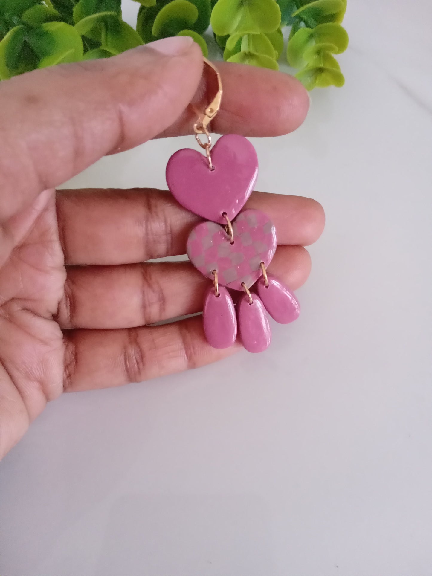 Velantines Polymer Clay Earrings Handmade -Pink Heart Statement Dangles For Her