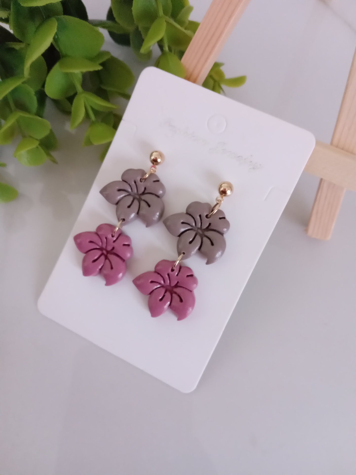 Handmade Floral Dangle Earrings – Unique Polymer Clay Flower Earrings, Brown & Purple, Lightweight Statement Jewelry