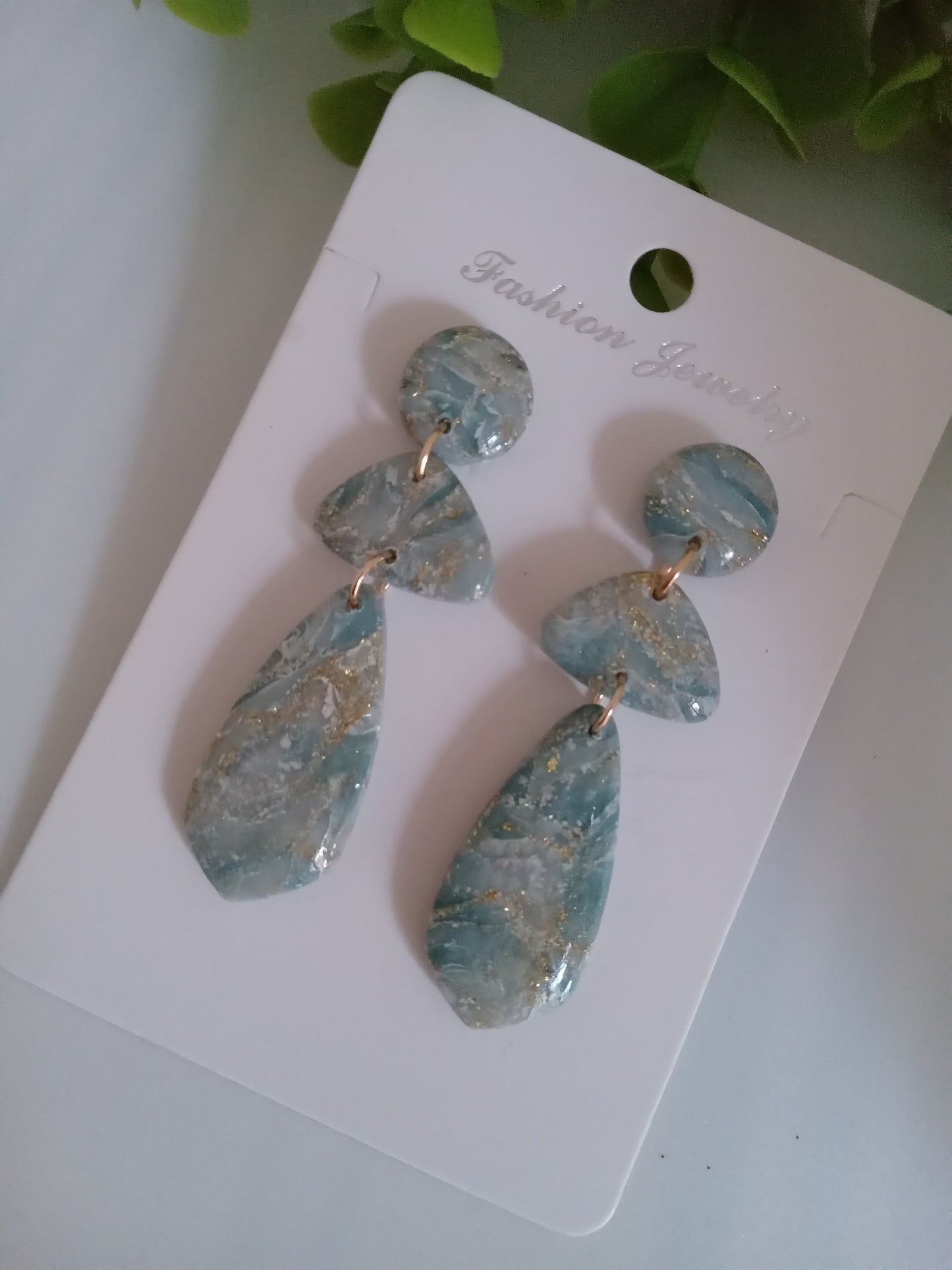 Elegant Blue Marble Drop Earrings with Gold Accents | Lightweight Gift Jewelry