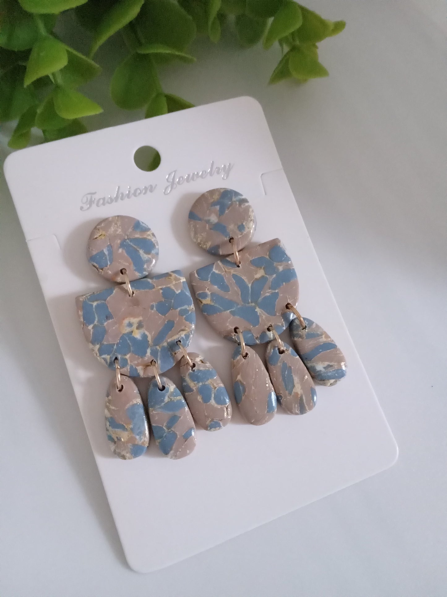 Handmade Terrazzo Polymer Clay Earrings – Blue & Beige Statement Dangles | Lightweight Boho Earrings for Women | Unique Artisan Jewelry Gift