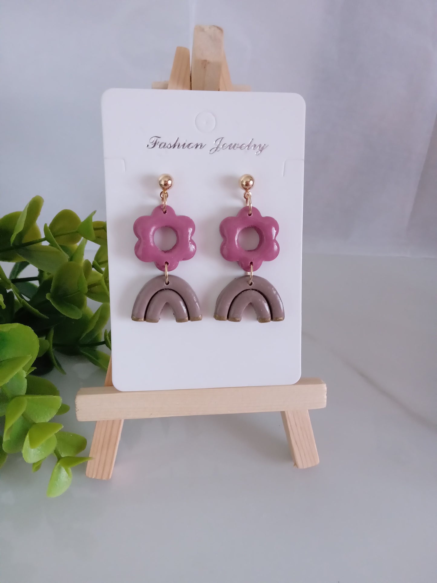 Handmade Floral Dangle Earrings – Unique Polymer Clay Flower Earrings, Brown & P