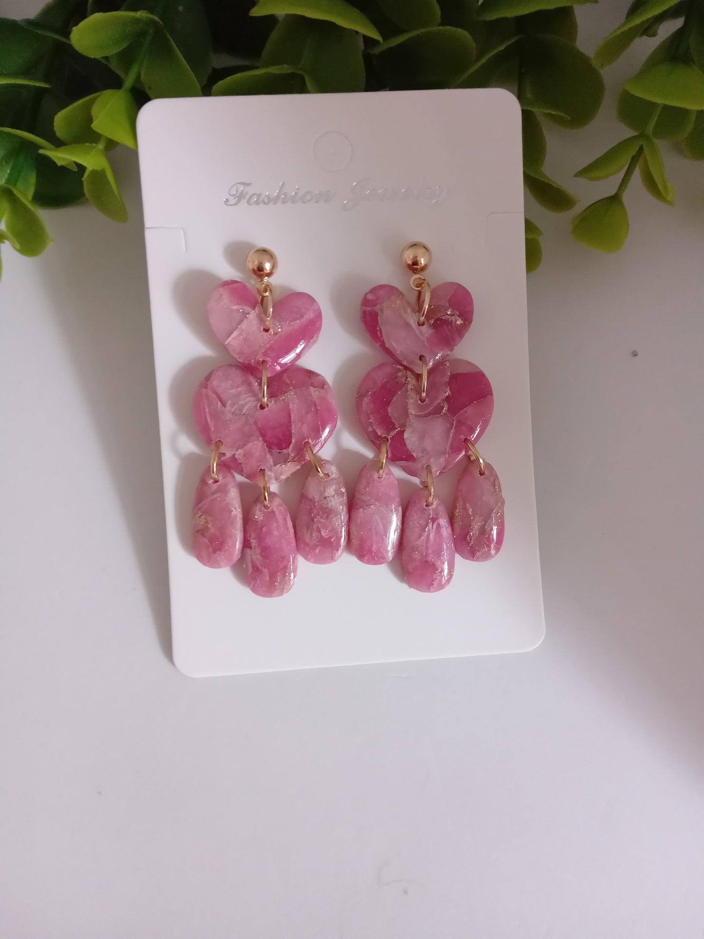 Pink Marble Heart Dangle Earrings  - Lightweight Clay Statement Jewelry
