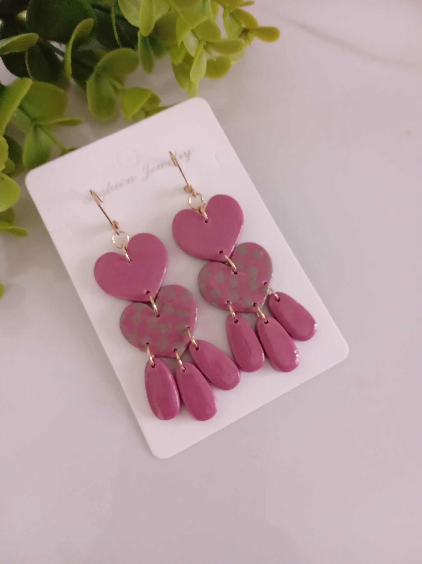 Velantines Polymer Clay Earrings Handmade -Pink Heart Statement Dangles For Her