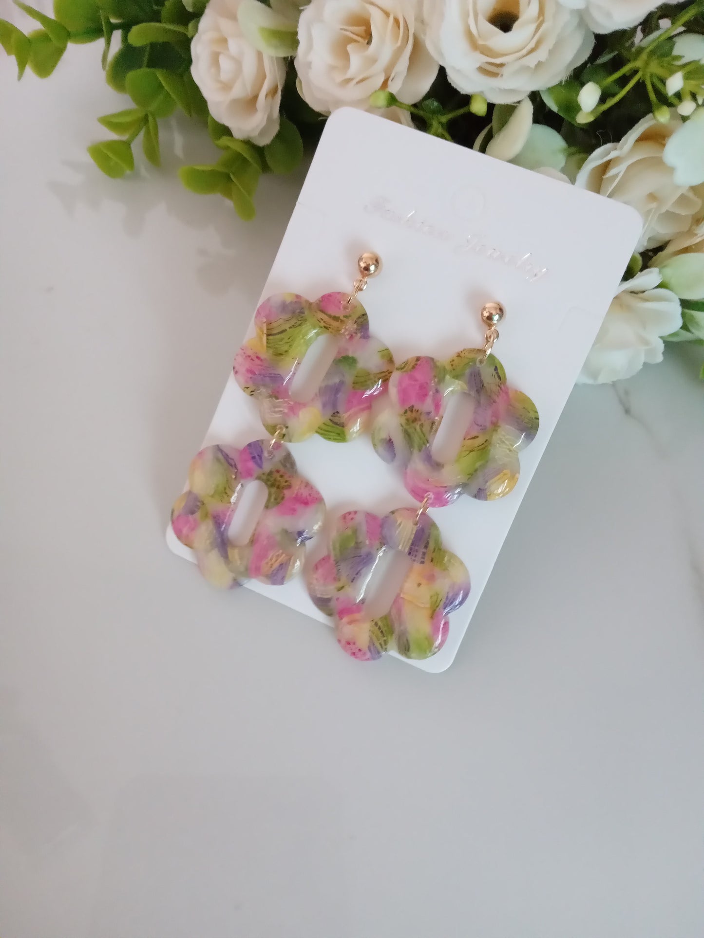 Handmade Clay Earrings- Agate Floral and Modern Geometric Style