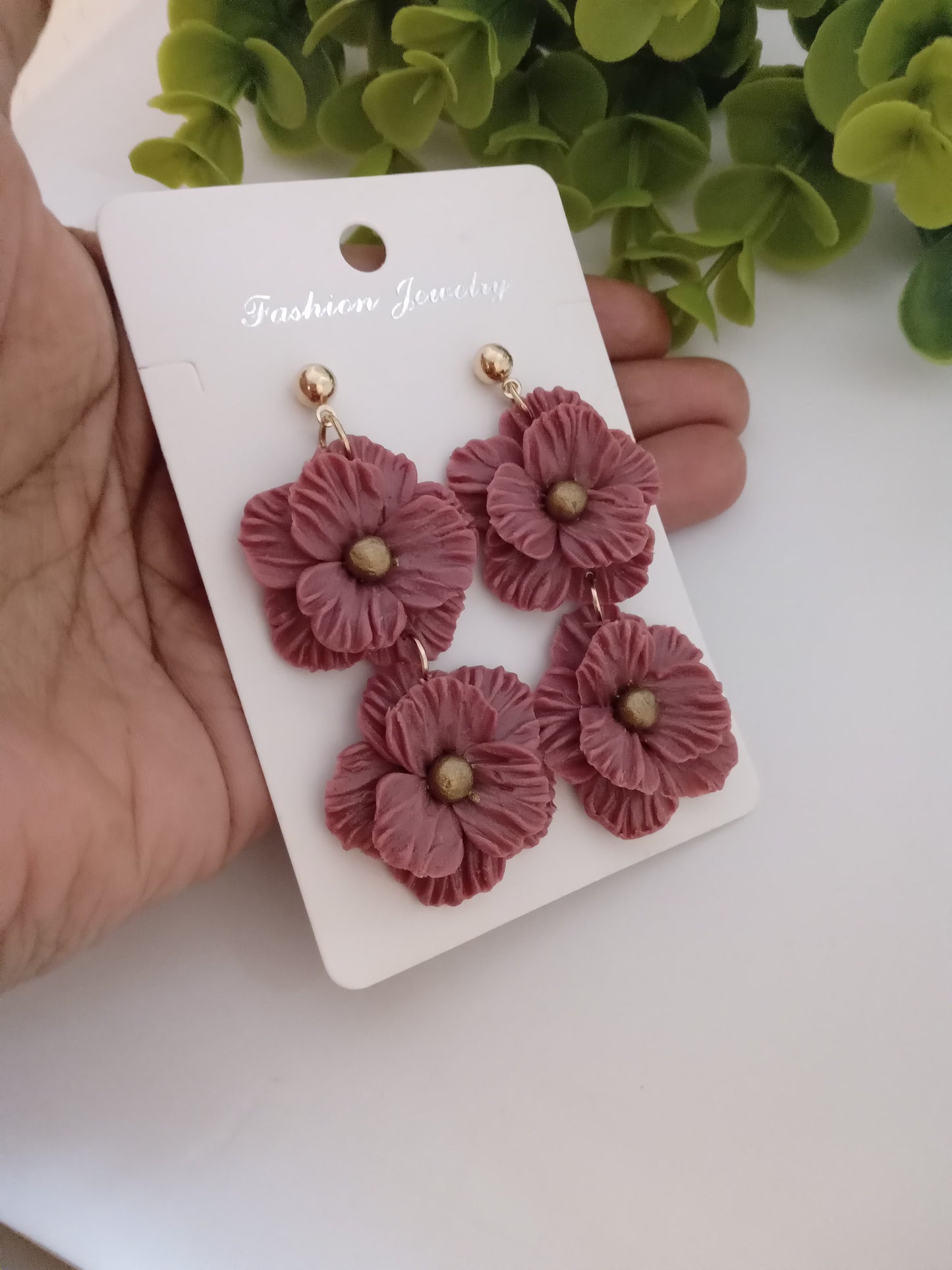Handmade Dusty Rose Flower Statement Earrings – Lightweight Polymer Clay Floral Jewelry for Women, Elegant Wedding & Everyday Wear