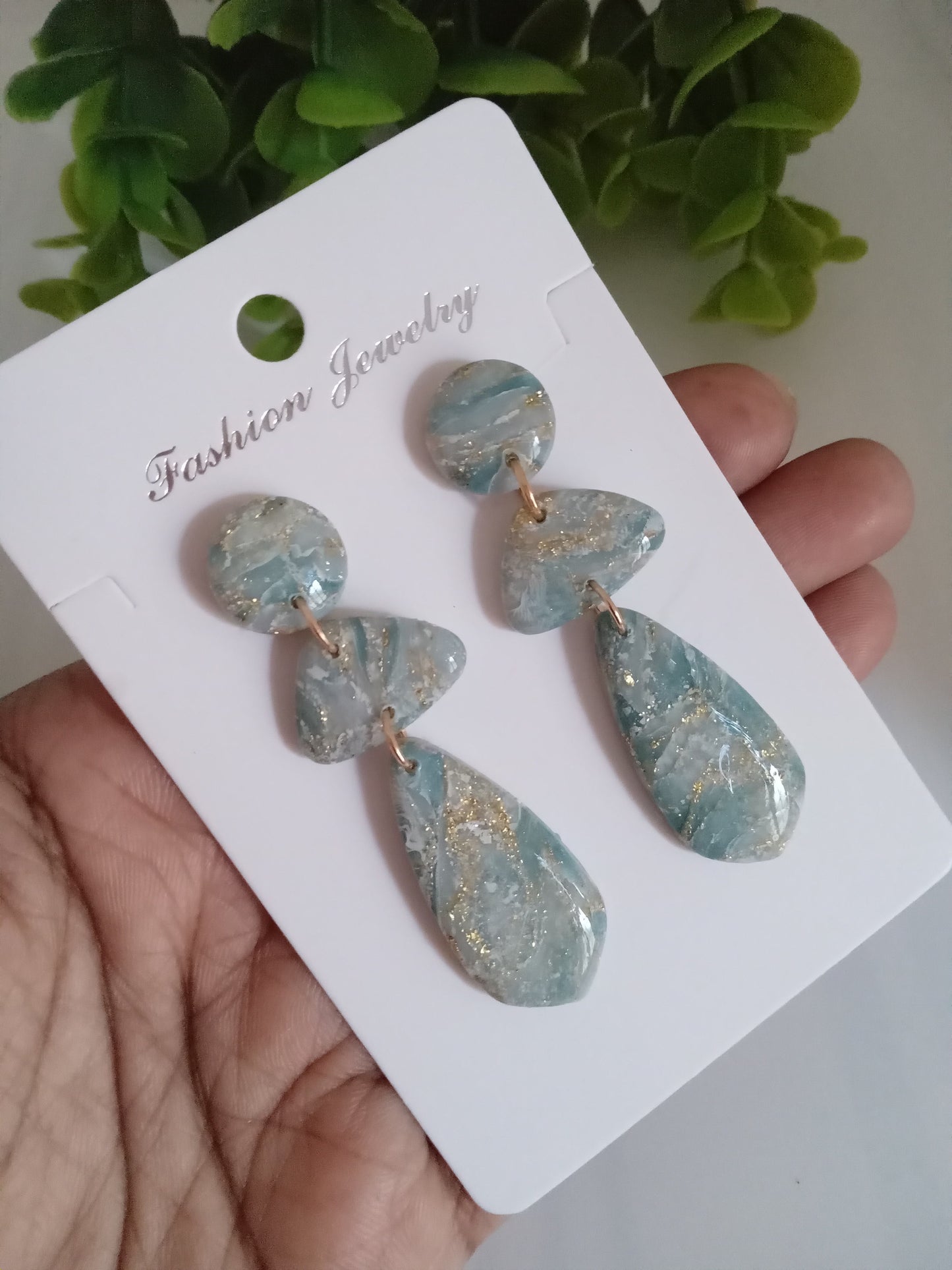 Elegant Blue Marble Drop Earrings with Gold Accents | Lightweight Gift Jewelry