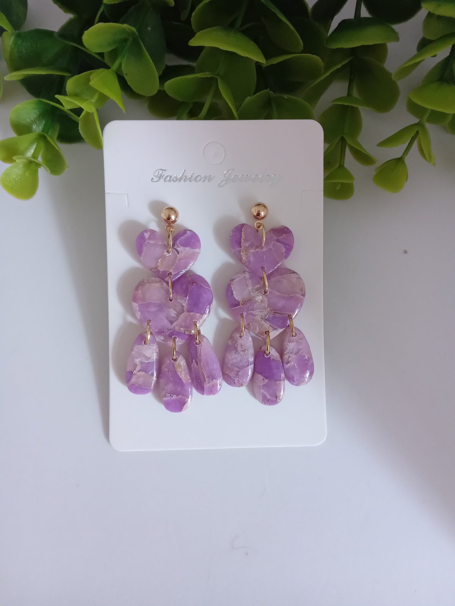 Purple Marble Heart Dangle Earrings  - Lightweight Clay Statement Jewelry