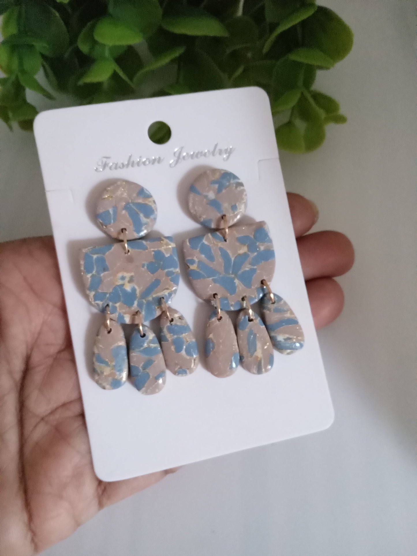 Handmade Terrazzo Polymer Clay Earrings – Blue & Beige Statement Dangles | Lightweight Boho Earrings for Women | Unique Artisan Jewelry Gift