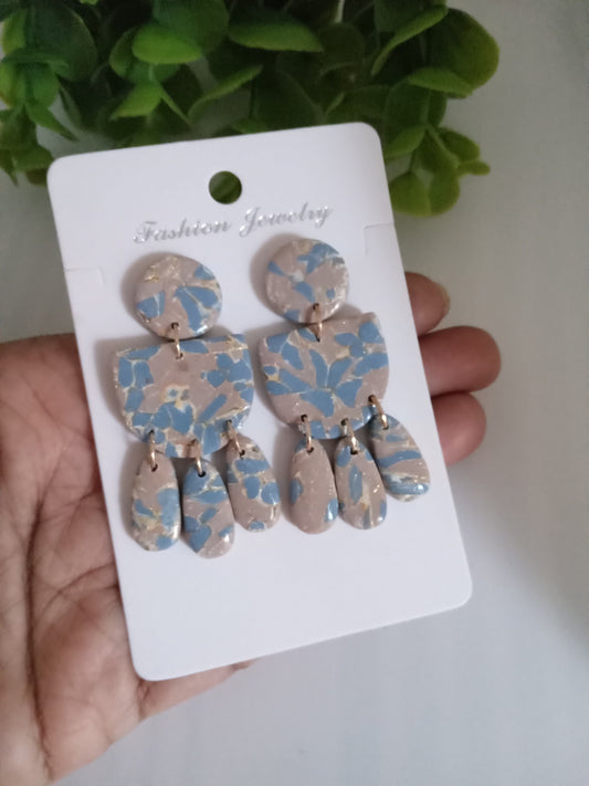Handmade Terrazzo Polymer Clay Earrings – Blue & Beige Statement Dangles | Lightweight Boho Earrings for Women | Unique Artisan Jewelry Gift