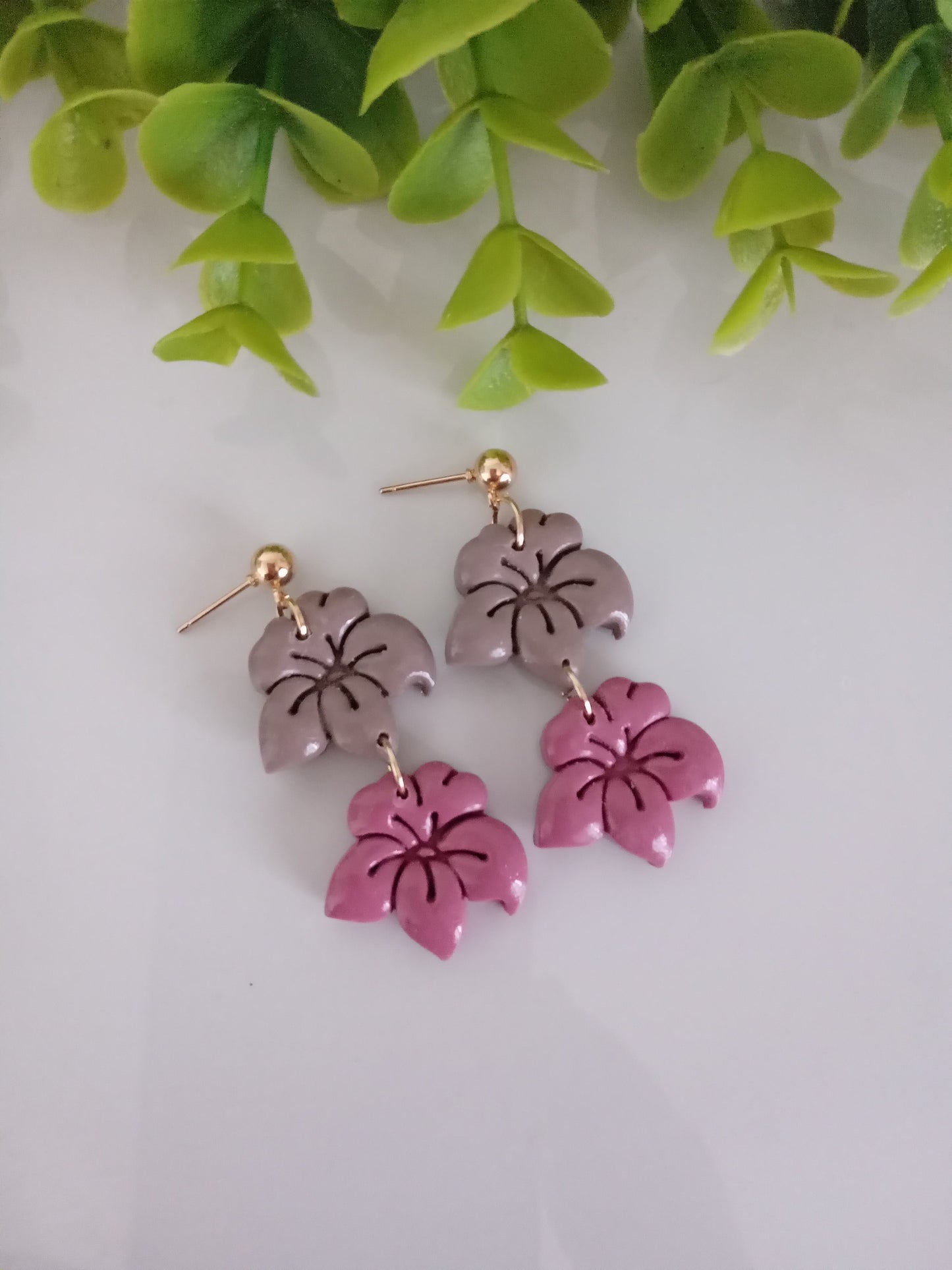 Handmade Floral Dangle Earrings – Unique Polymer Clay Flower Earrings, Brown & Purple, Lightweight Statement Jewelry