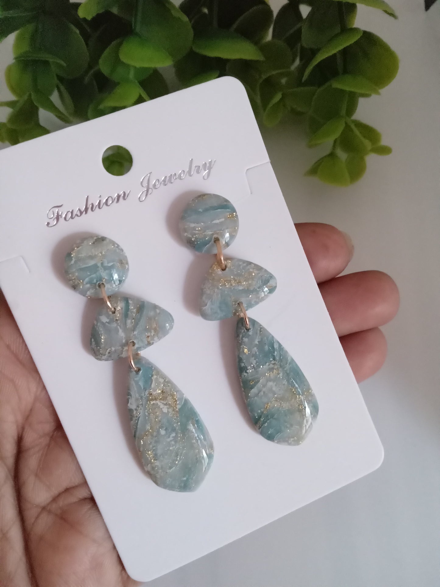 Elegant Blue Marble Drop Earrings with Gold Accents | Lightweight Gift Jewelry