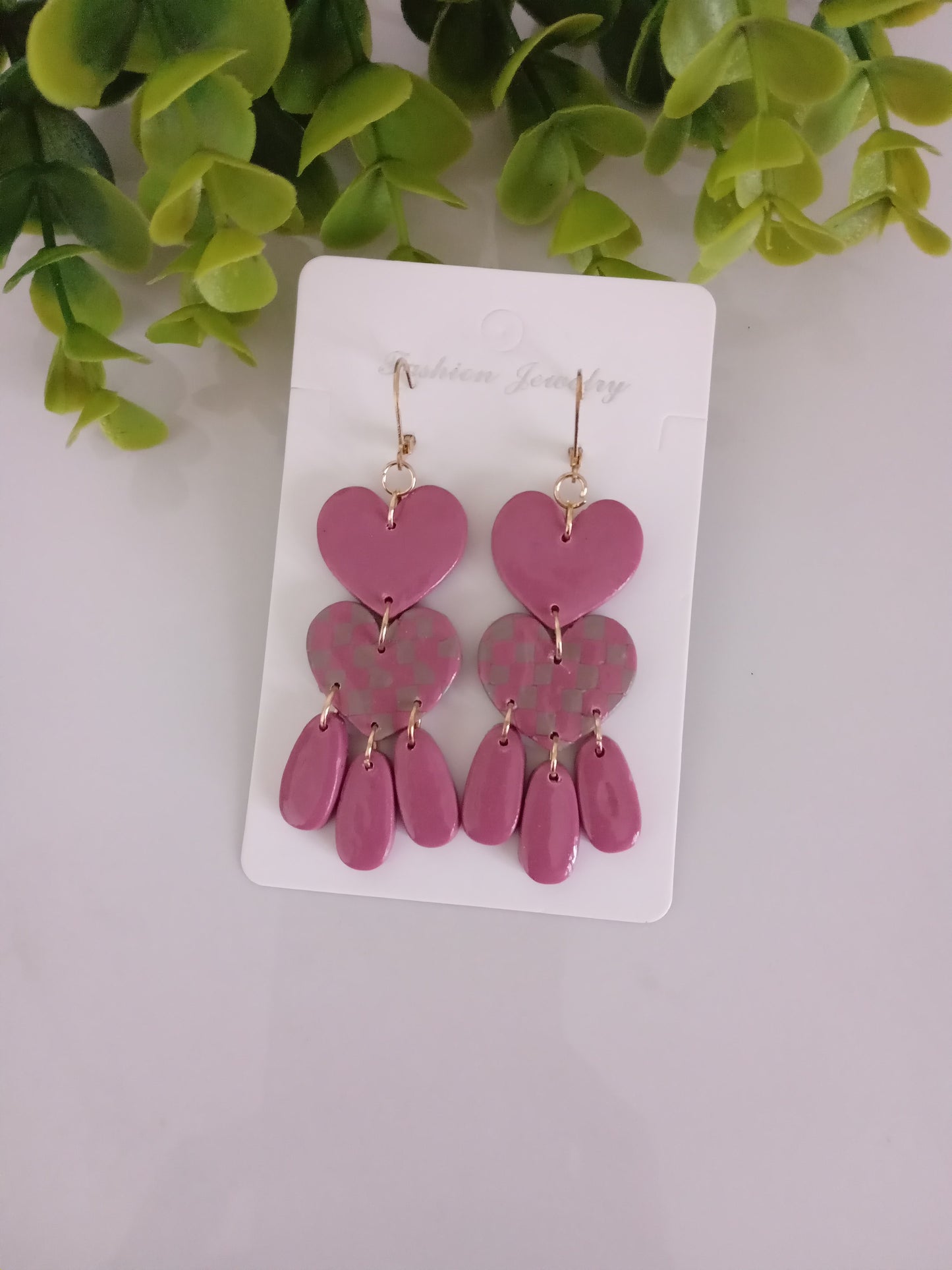 Velantines Polymer Clay Earrings Handmade -Pink Heart Statement Dangles For Her