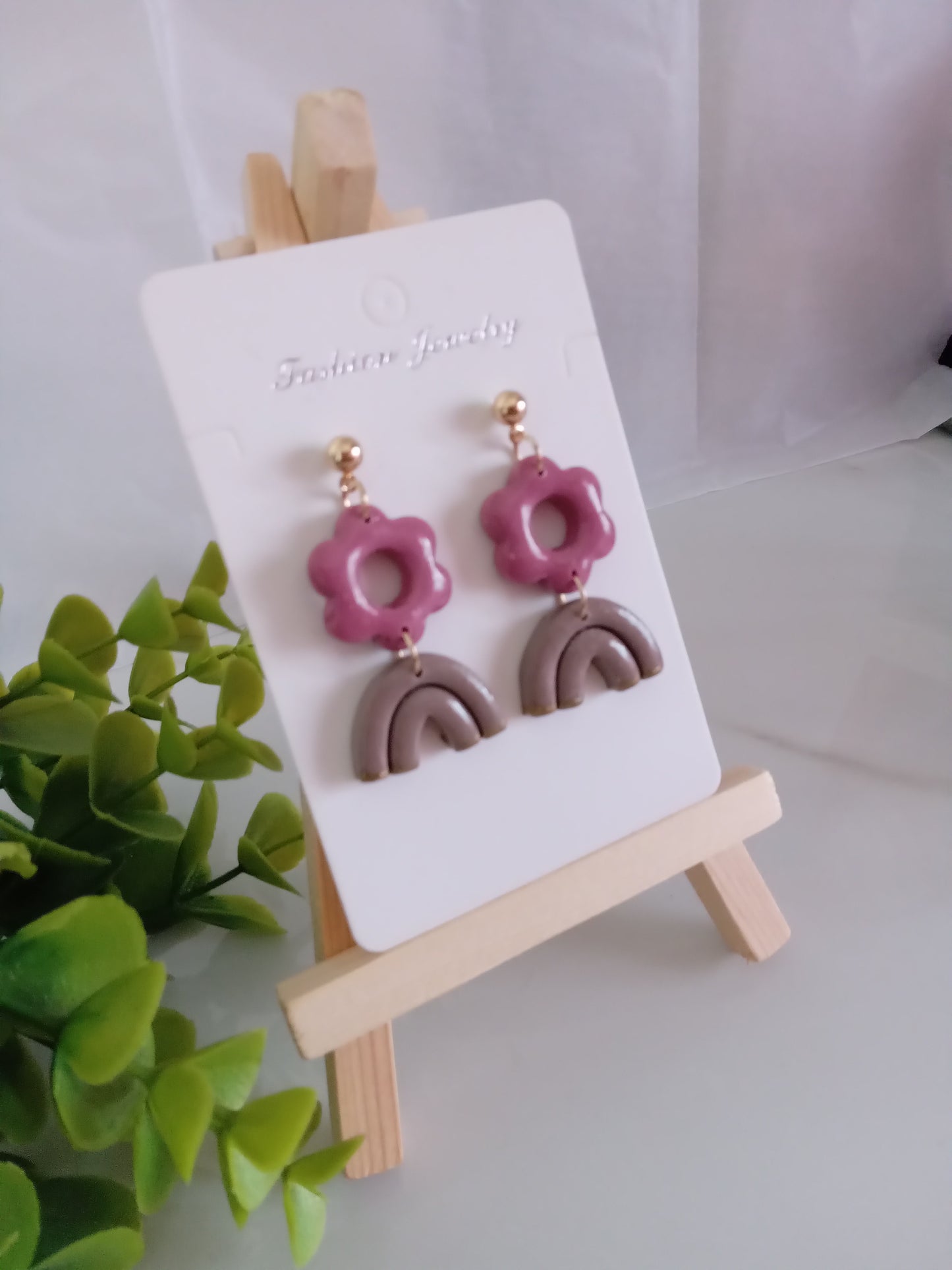 Handmade Floral Dangle Earrings – Unique Polymer Clay Flower Earrings, Brown & P