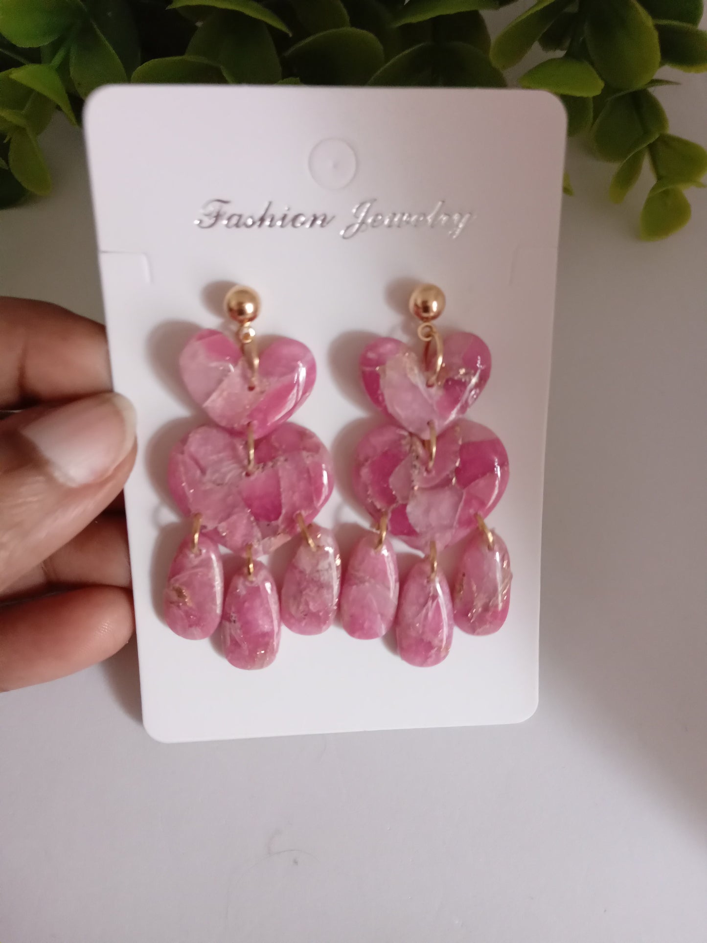 Pink Marble Heart Dangle Earrings  - Lightweight Clay Statement Jewelry
